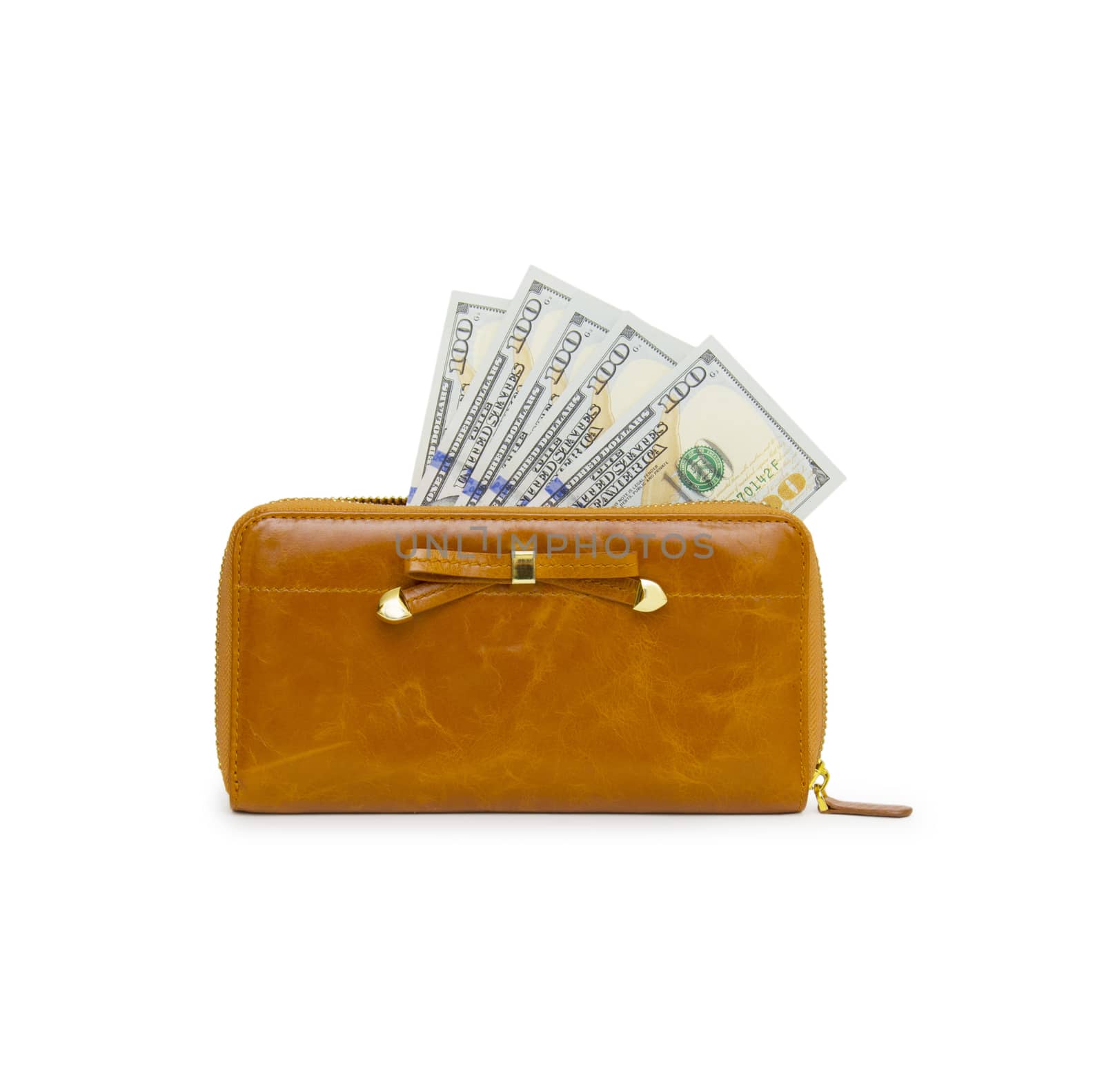 Purse with hundred dollar banknote isolated on white background  by cocoo