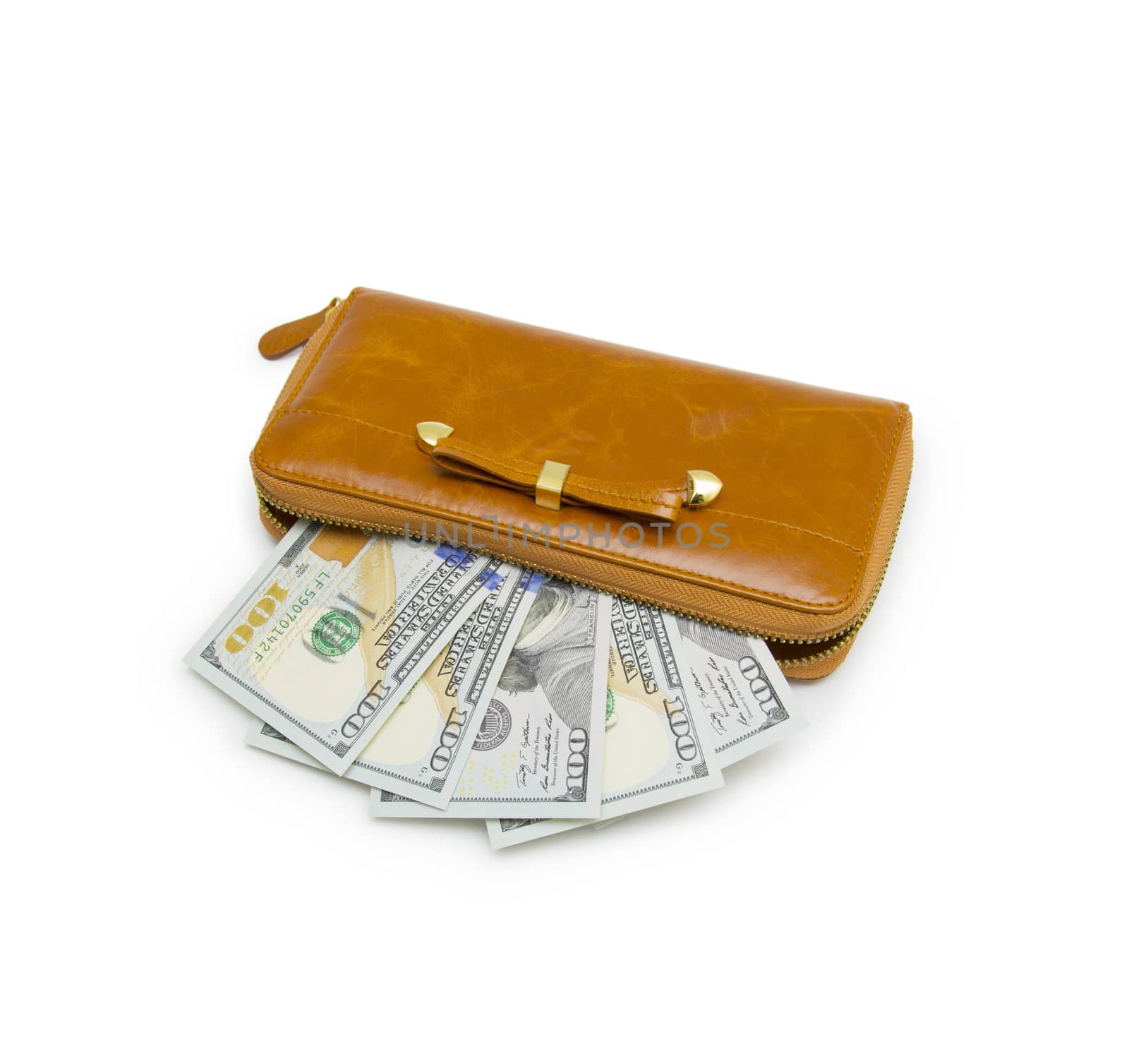 Purse with hundred dollar banknote isolated on white background  by cocoo