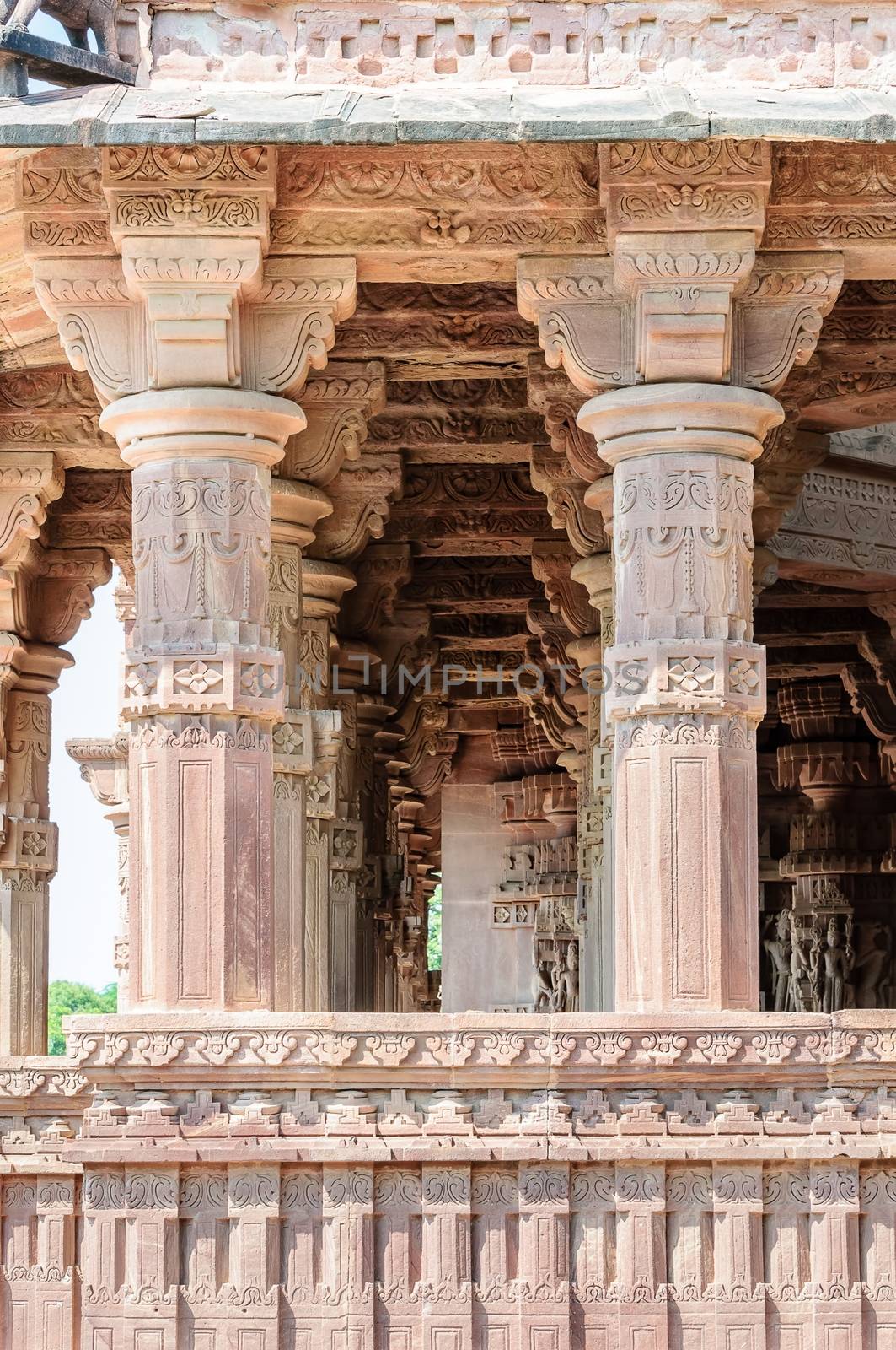 Ancient rock curved temples of Hindu Gods and godess at Mandor garden, Jodhpur, Rajasthan, India