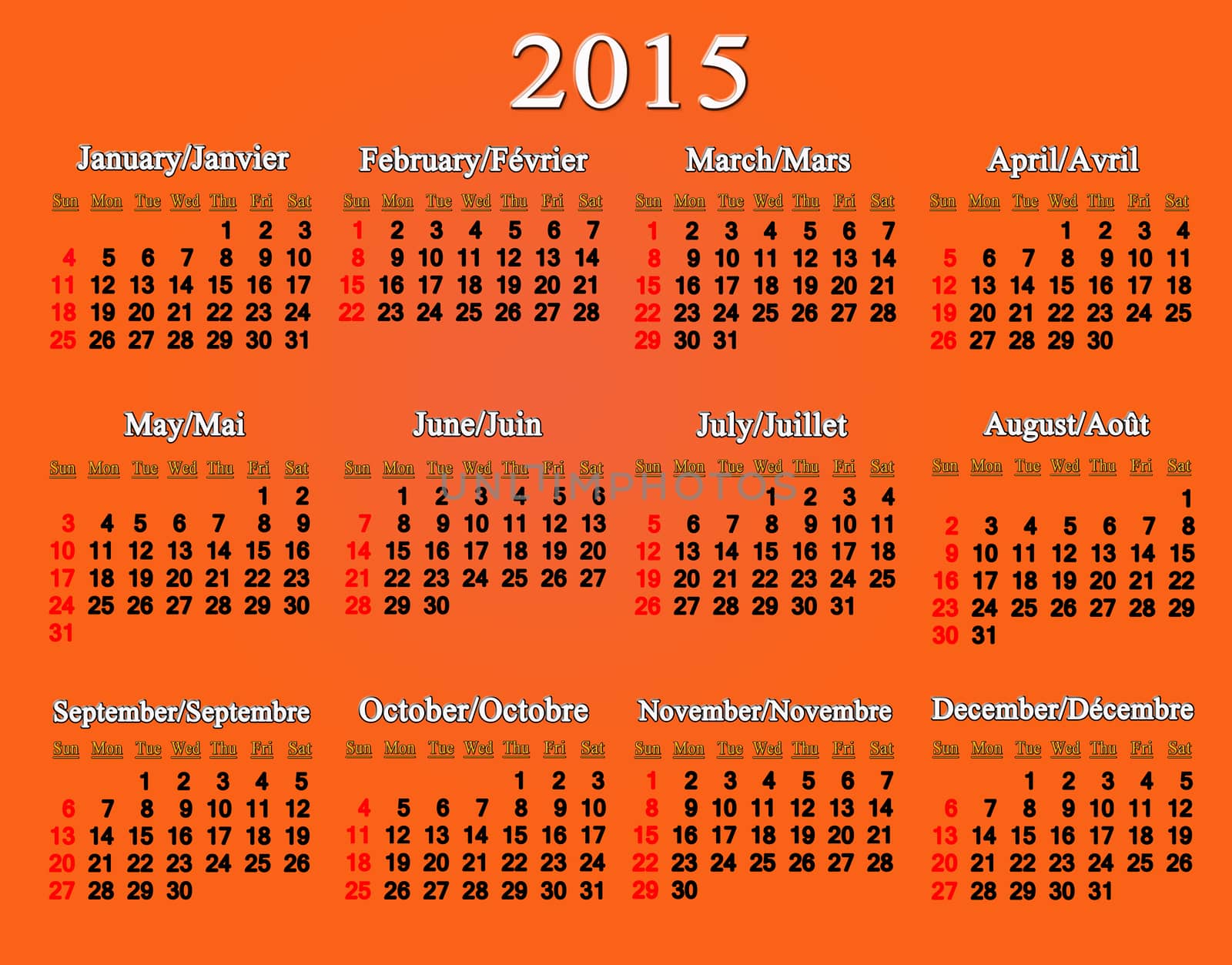 calendar for 2015 year in English and French on the orange by alexmak