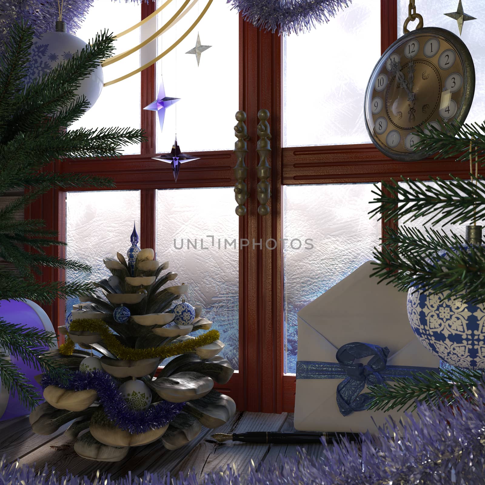 Christmas tree with pine cone,window and clock concept interior composition by denisgo