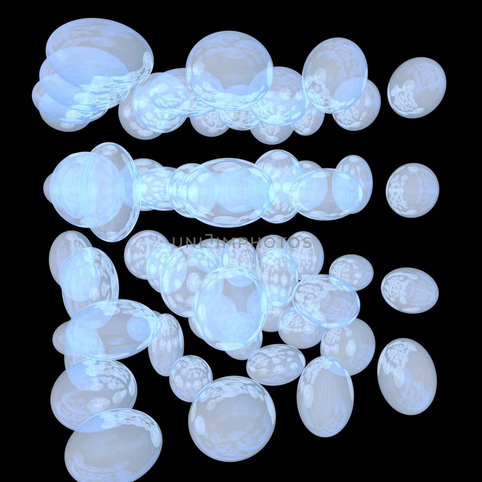 Blue bubbles over black background, 3d render