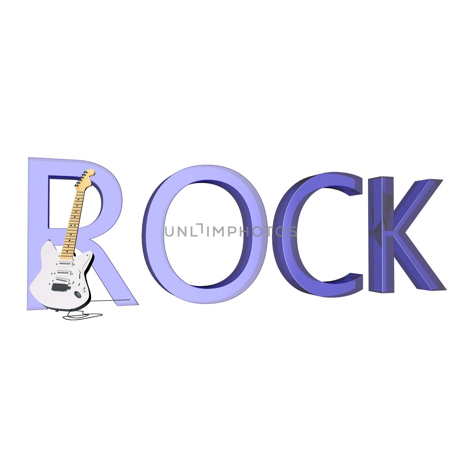 Word "rock" with electric guitar, 3d render