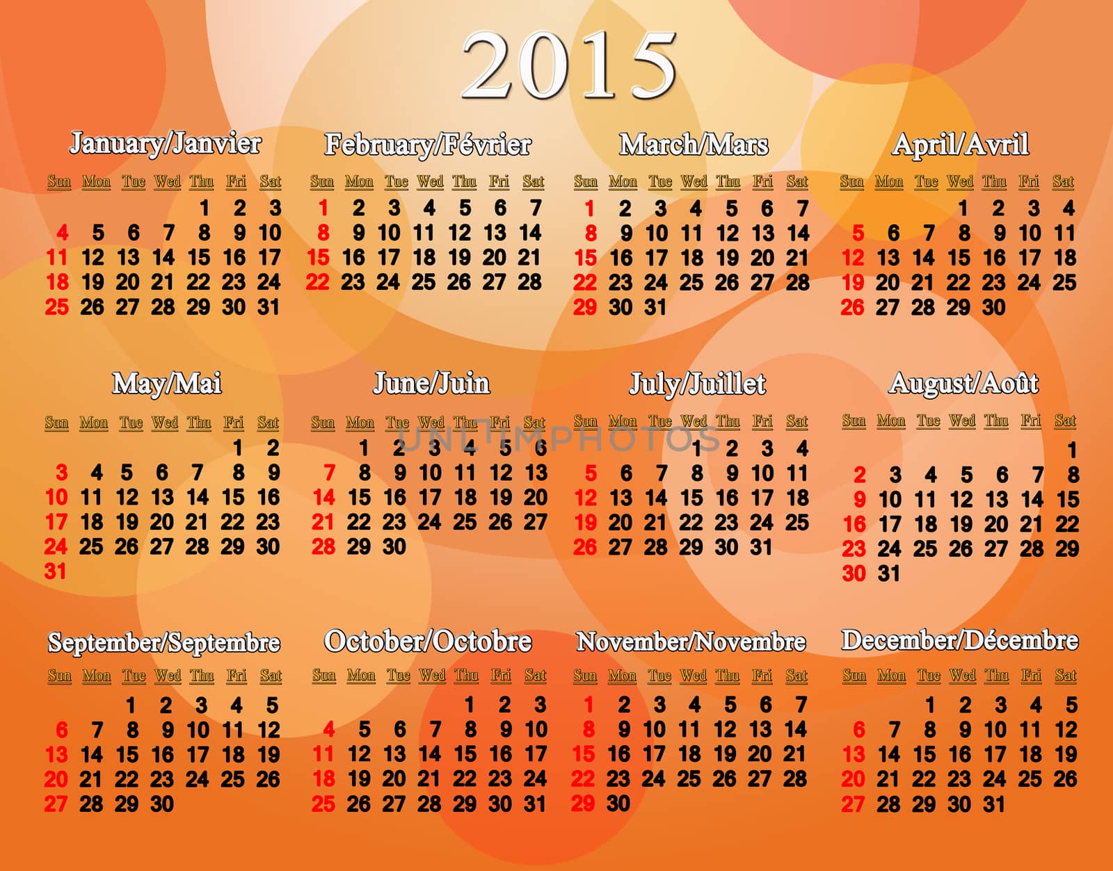 calendar for 2015 year in English and French on the orange background