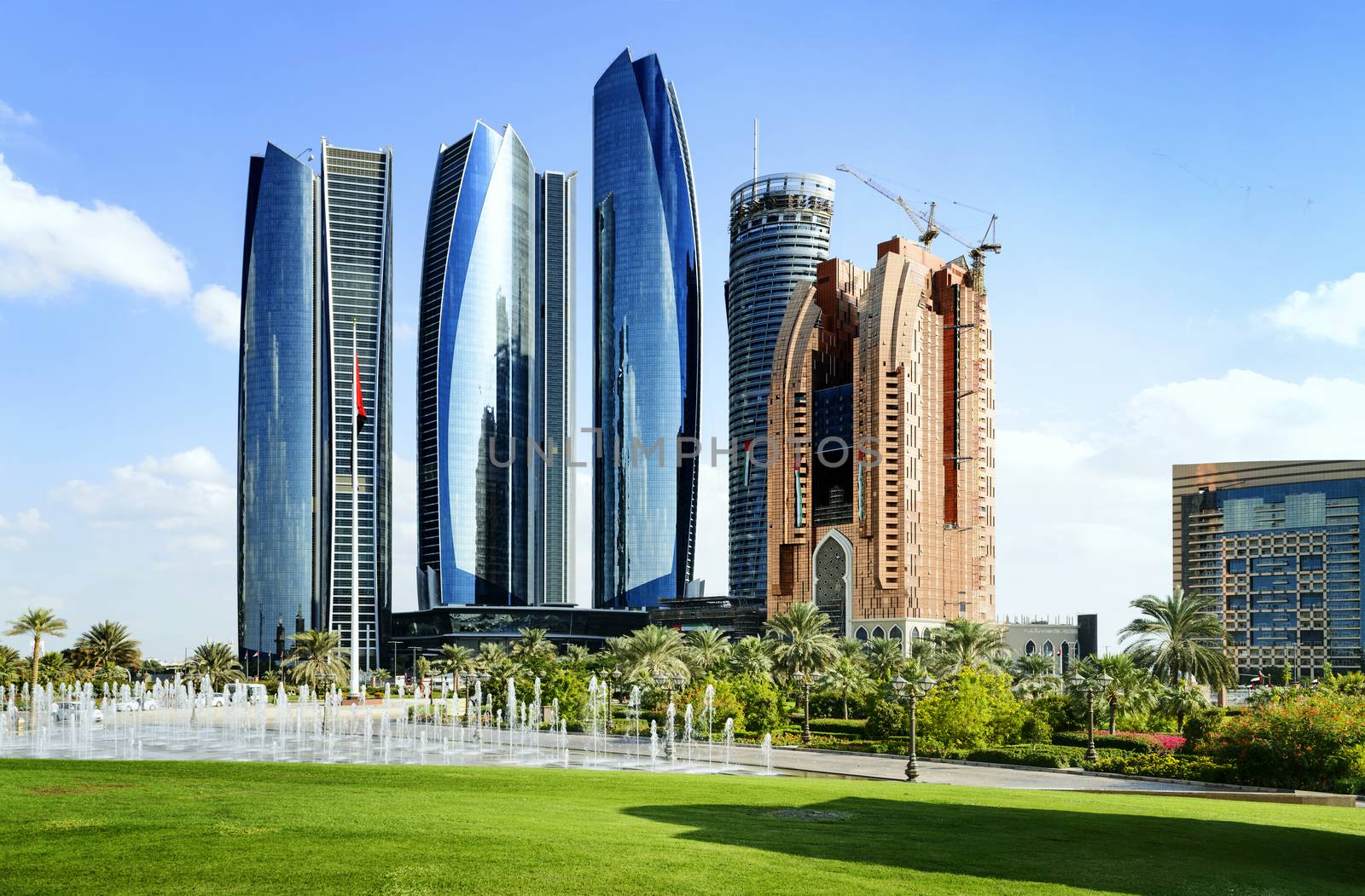 Skyscrapers in Abu Dhabi at dusk, United Arab Emirates