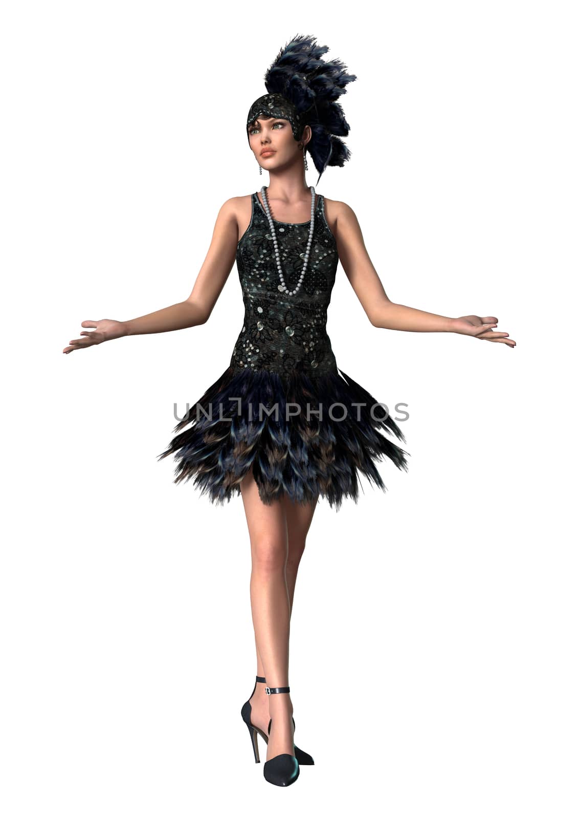 3D digital render of a beatiful vintage woman wearing 1920s style clothing isolated on white background