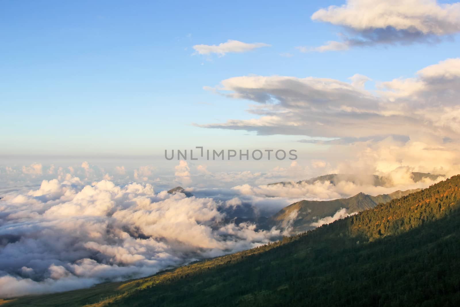 Landscape high mountain peaks covered with clouds