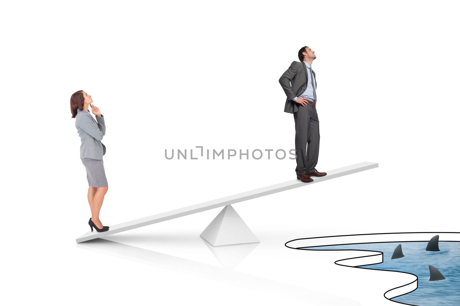 White scales measuring businessman and businesswoman by Wavebreakmedia