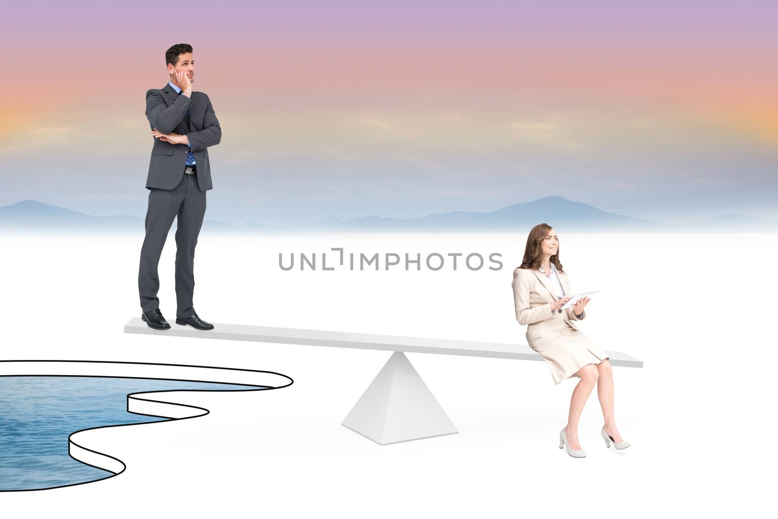 White scales weighing businessman and businesswoman by Wavebreakmedia