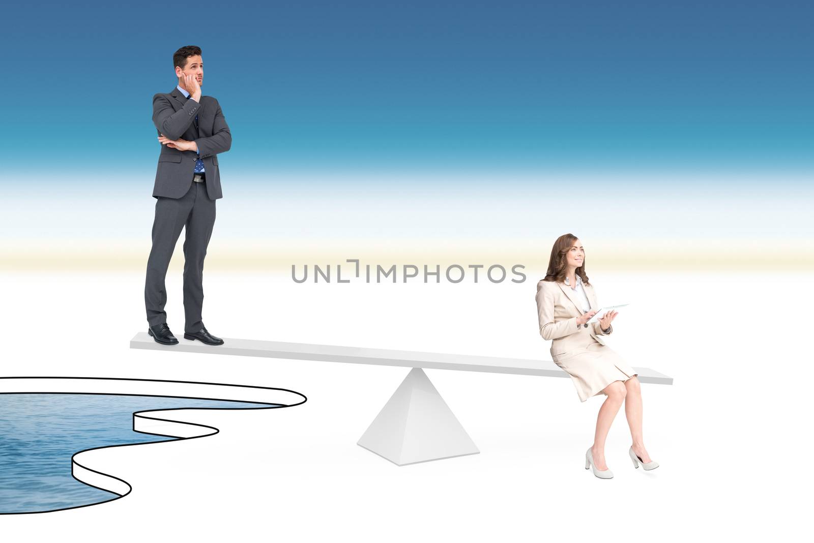 White scales weighing businessman and businesswoman by Wavebreakmedia