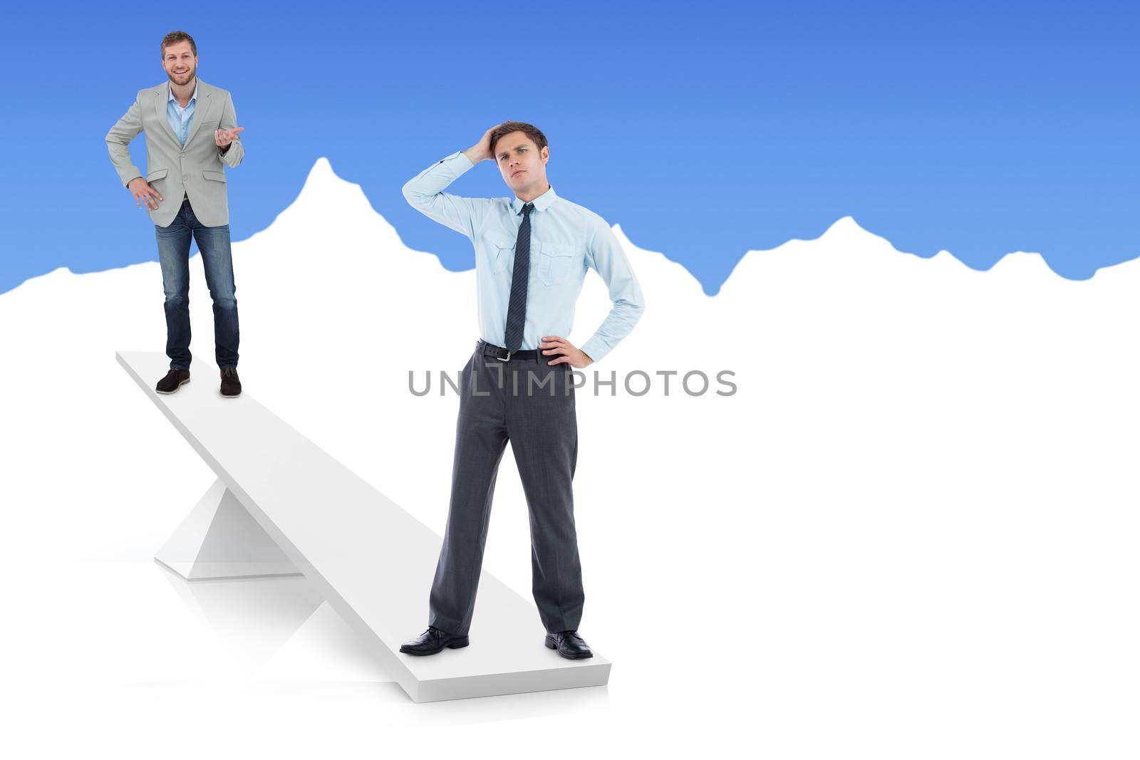 White scales weighing businessmen on white and blue background