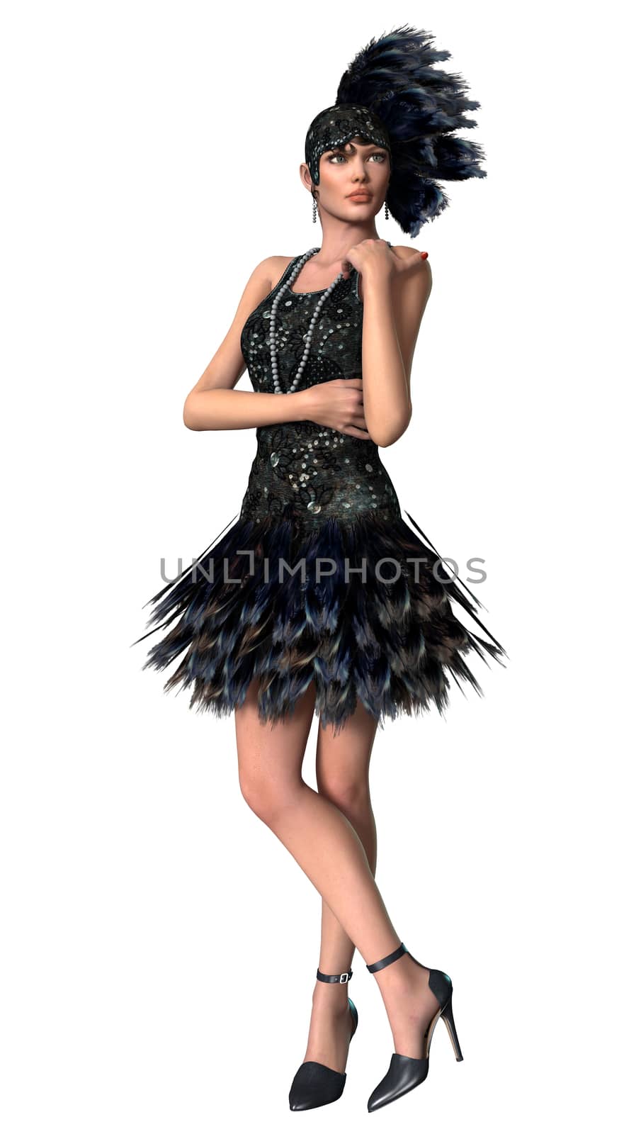 3D digital render of a beautiful vintage woman wearing 1920s style clothing isolated on white background