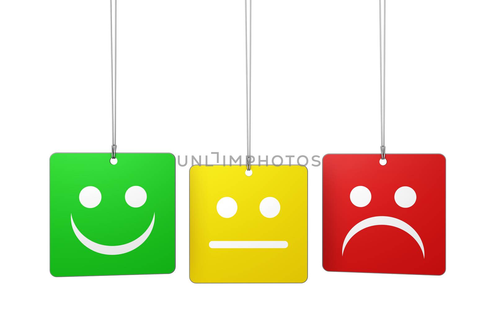 Customer service and product quality feedback concept with three emoticon icons and symbol on hanged tags isolated on white background.