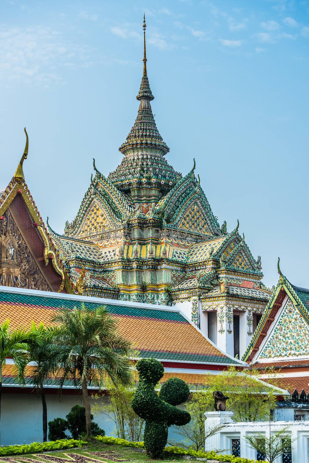 decorated chedi rooftop Wat Pho temple Bangkok Thailand