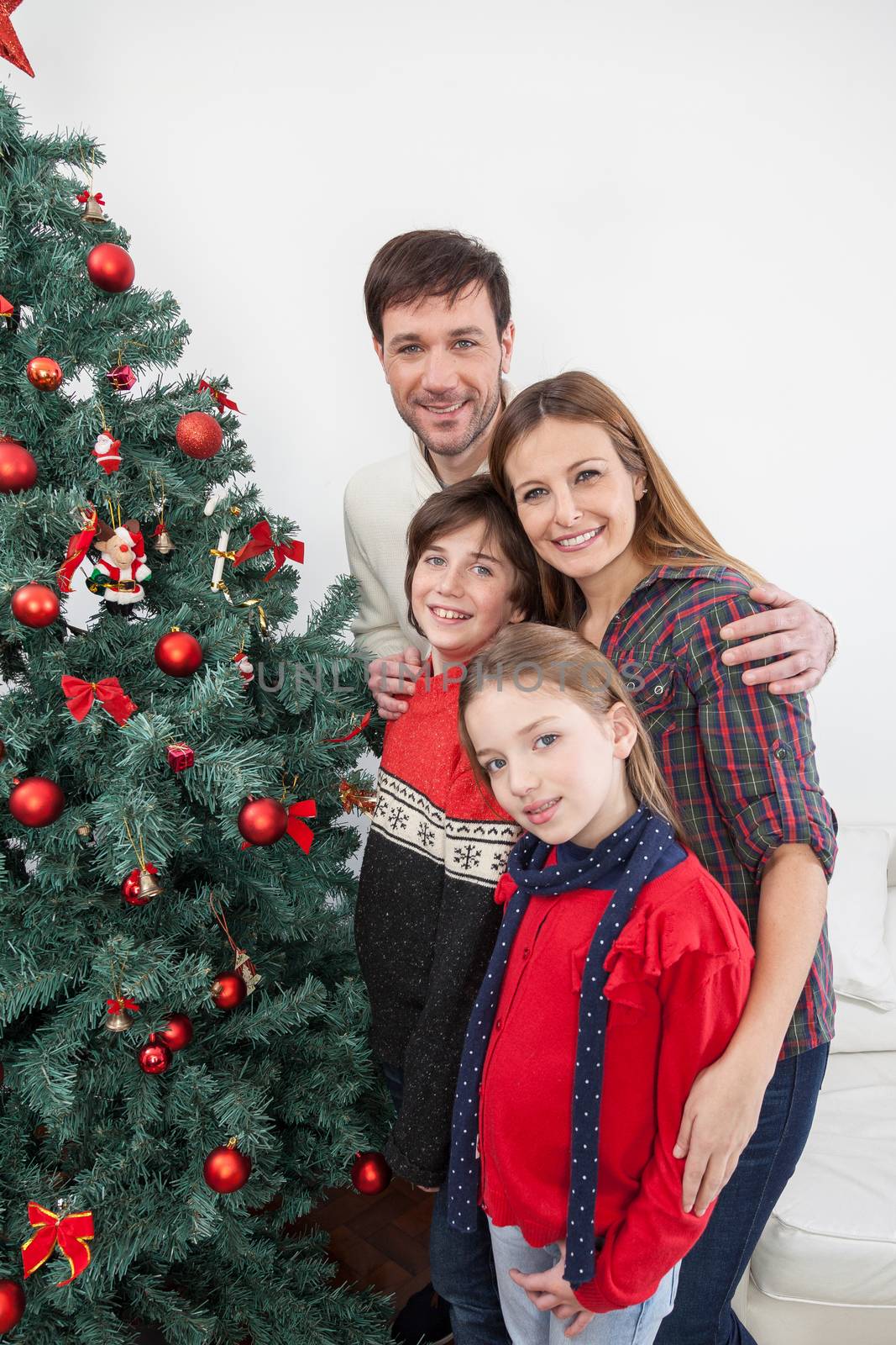 Happy family smiling beside the christmas tree by ifilms