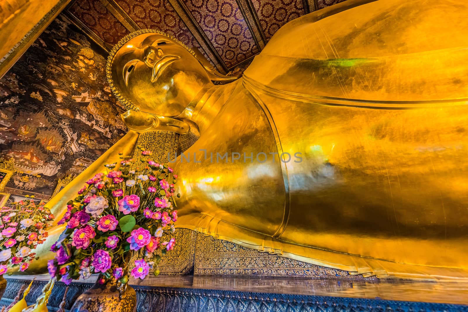 reclining buddha portrait at Wat Pho temple Bangkok Thailand