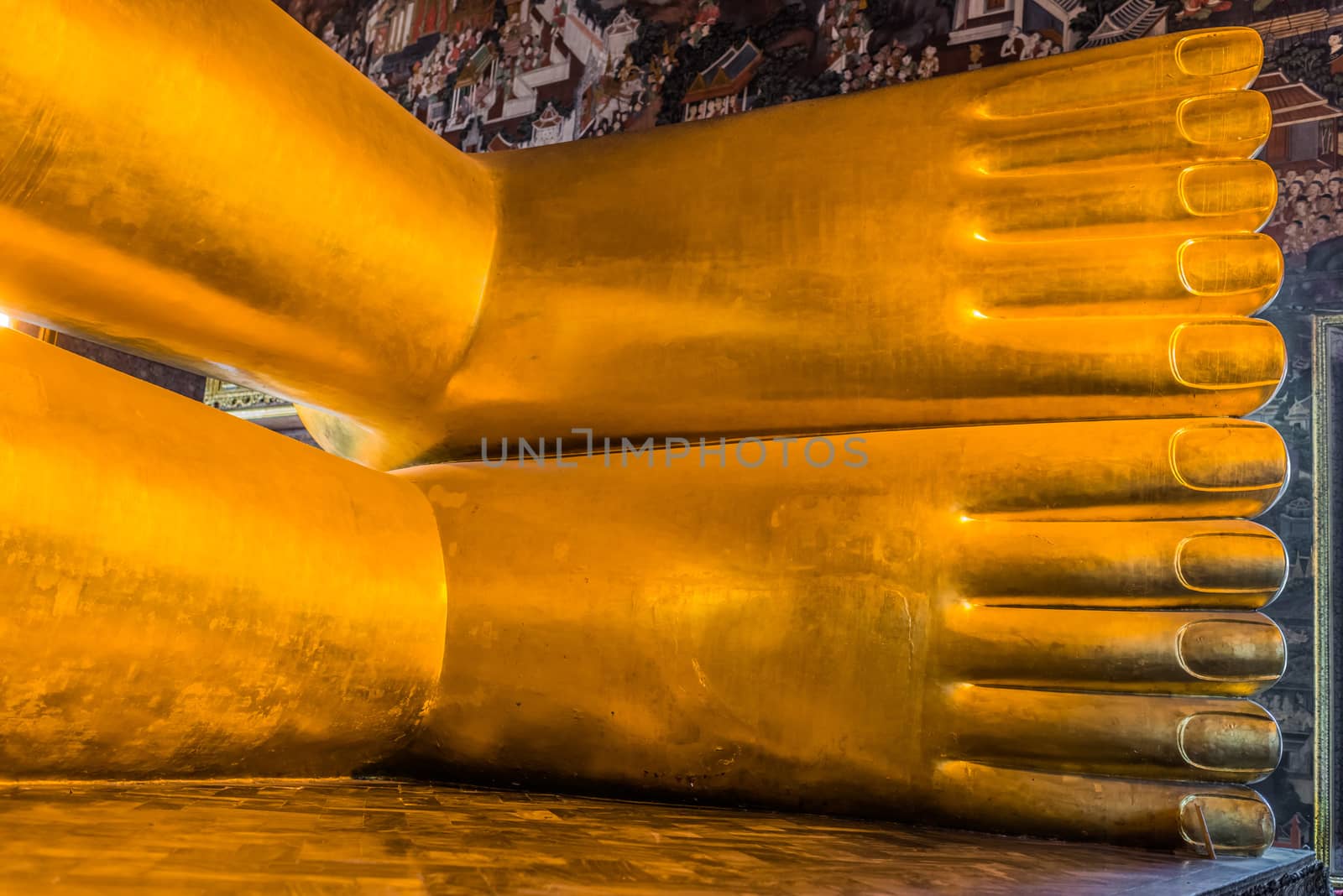 reclining buddha feet at Wat Pho temple Bangkok Thailand