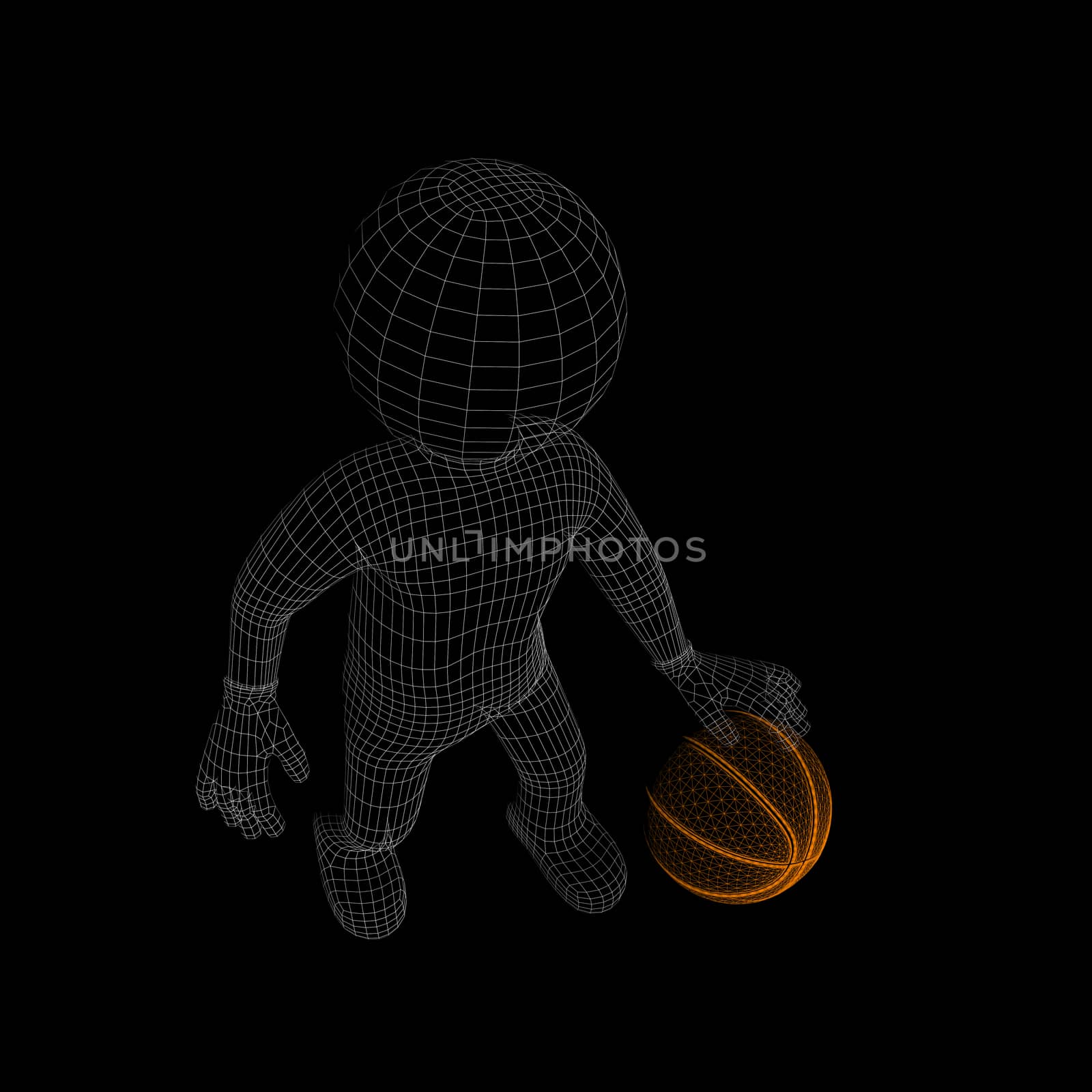 Wire-frame man gray with orange basket-ball, in motion, high angle. Isolated on black background