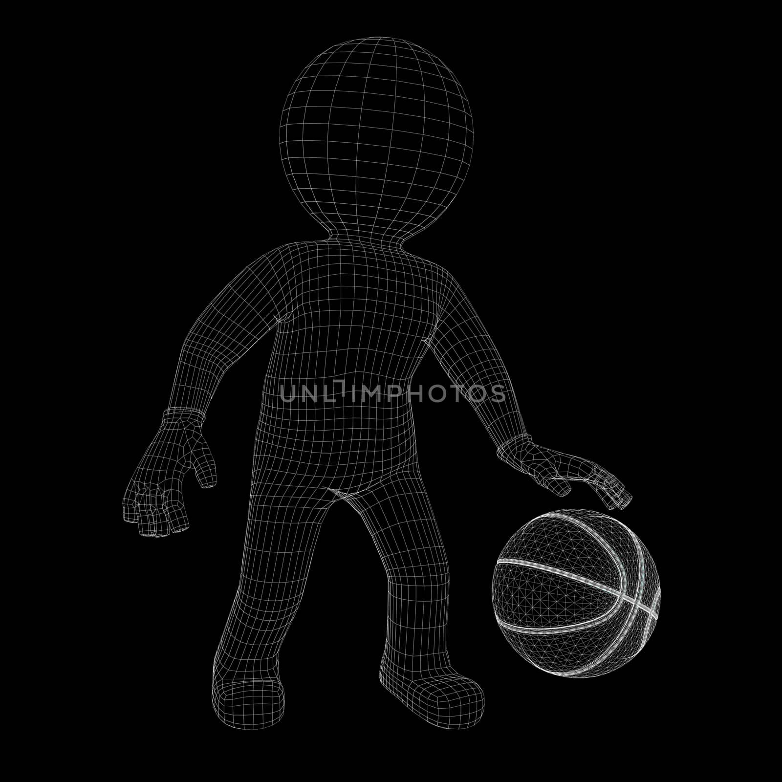 Wire-frame man with basket-ball, in motion. Isolated on black background