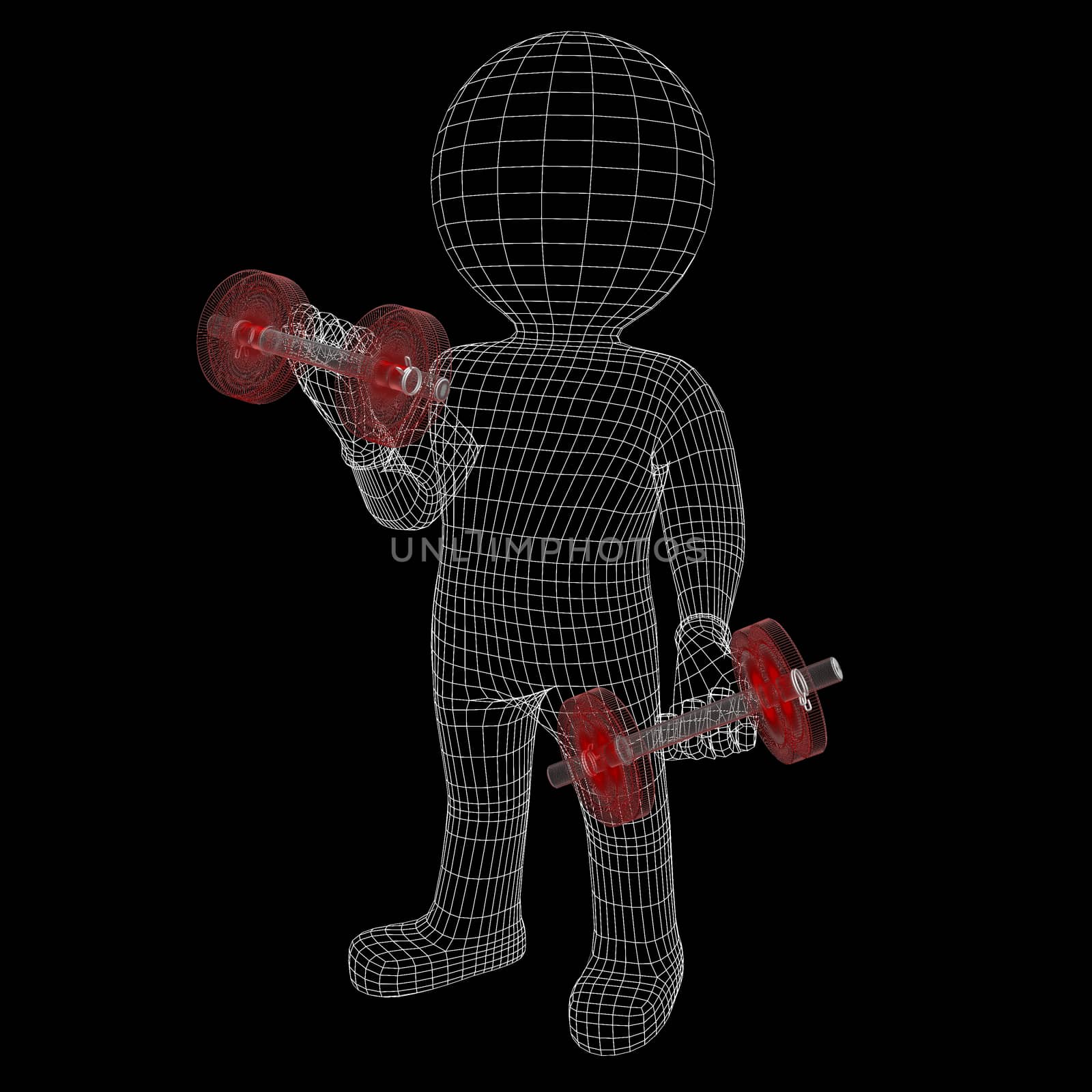 Wire-frame man, white with red matched dumbbells. Isolated on black background