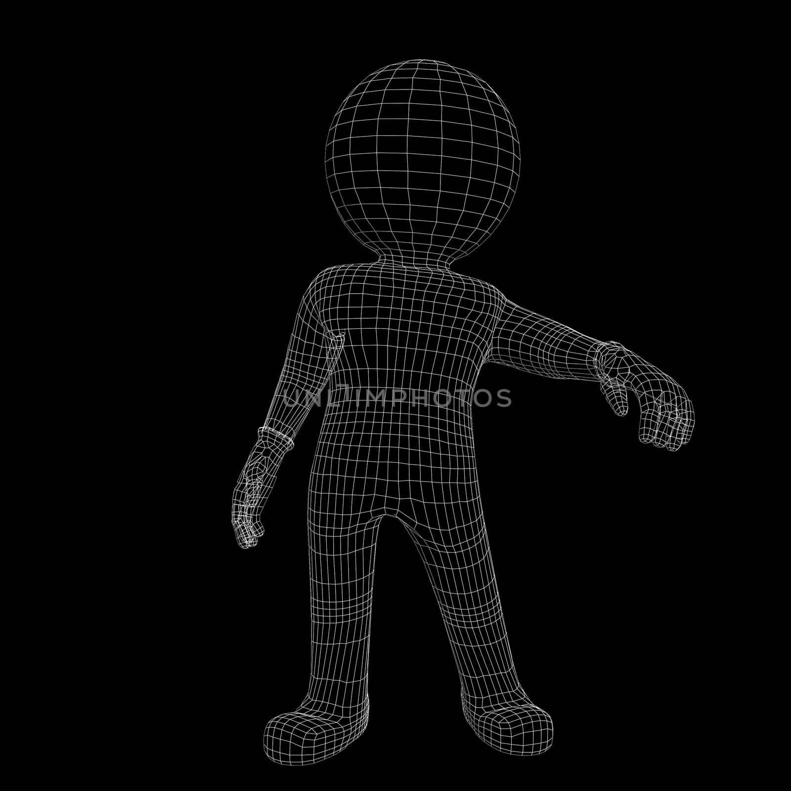 Wire-frame man, with one hand outstretched. Isolated on black background
