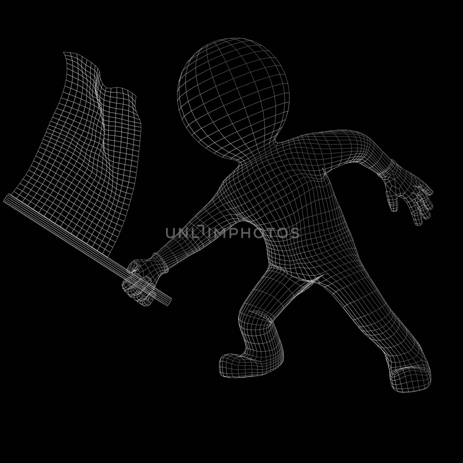 Wire-frame man weaving racing flag. Isolated on black background
