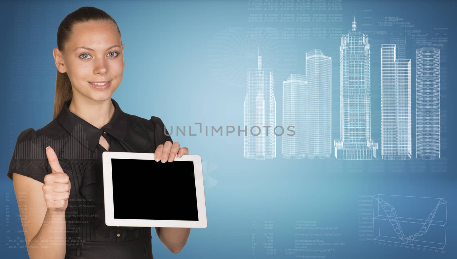 Beautiful businesswoman in dress smiling, holding tablet pc and showing thumb up. Buildings and figures as backdrop