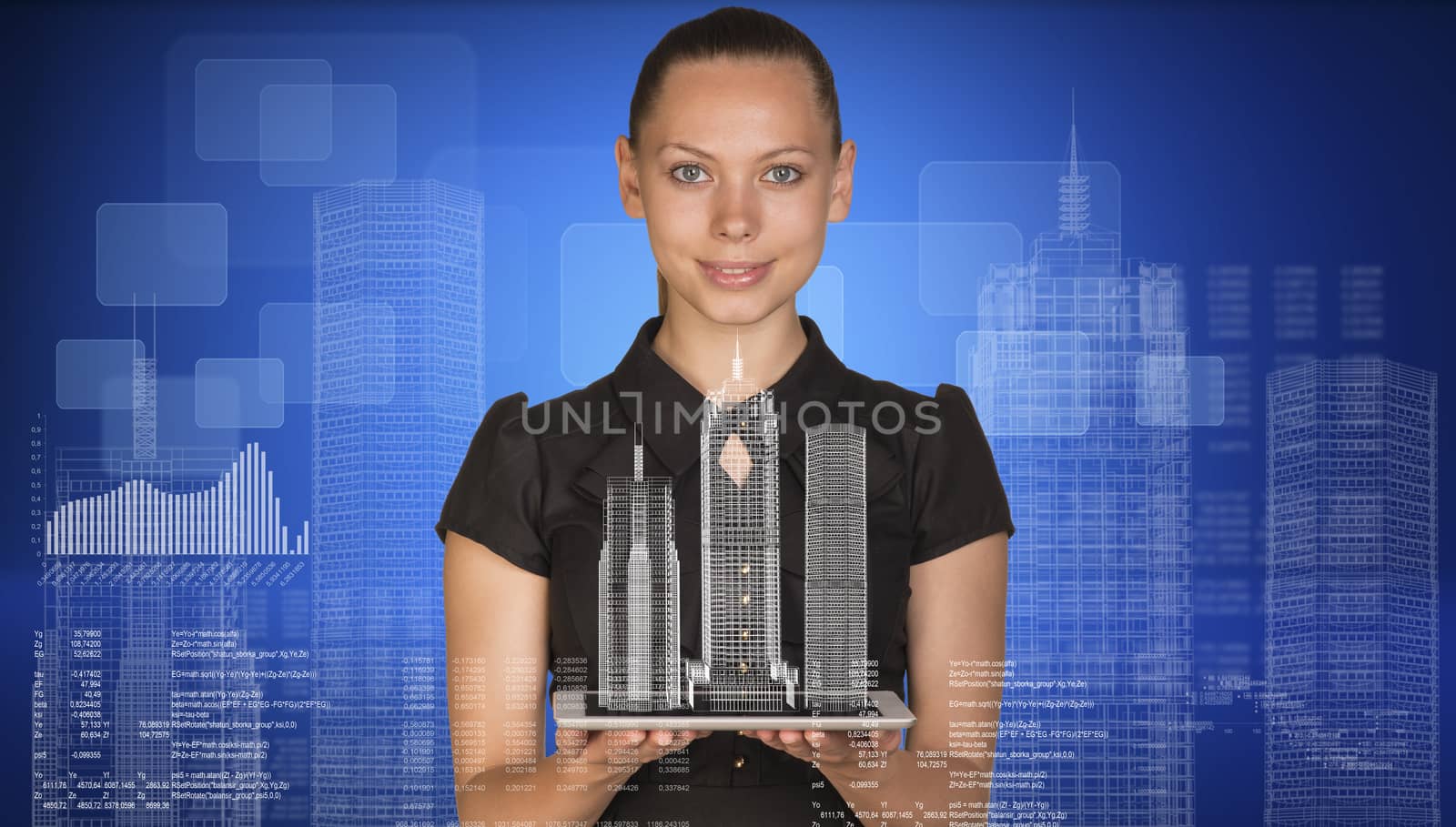Beautiful businesswoman holding tablet pc with layouts on it. Buildings, figures. letters and diagram as backdrop by cherezoff