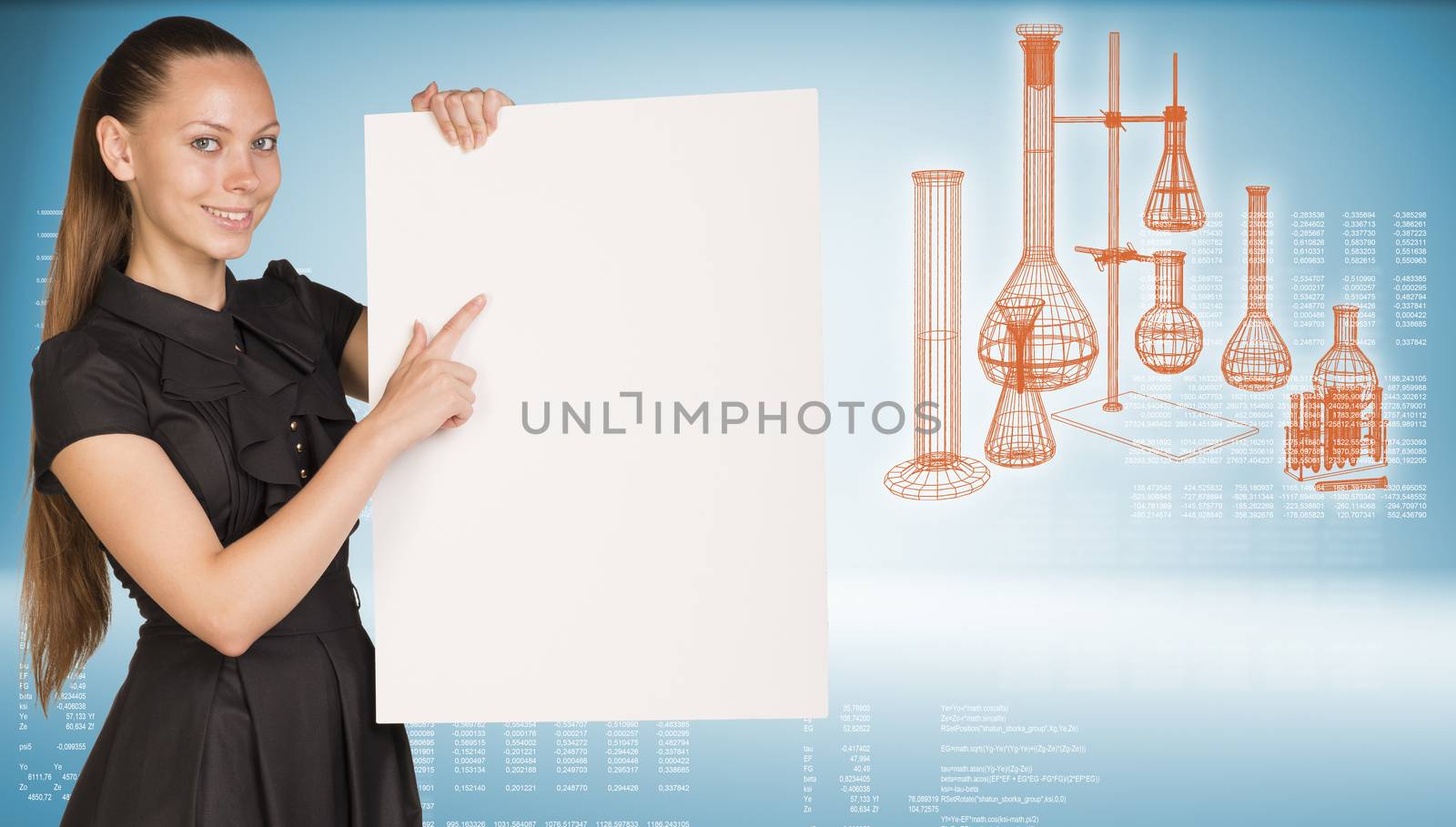 Businesswoman holding empty paper sheet.  Laboratory flasks as backdrop by cherezoff