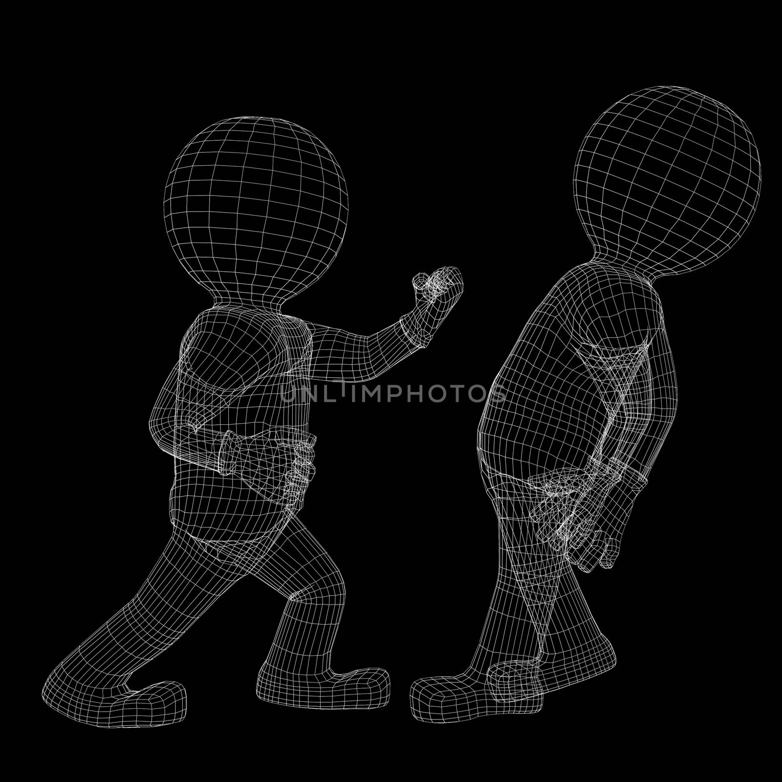 Two wire-frame men in single combat, punch and escape. Isolated on black background