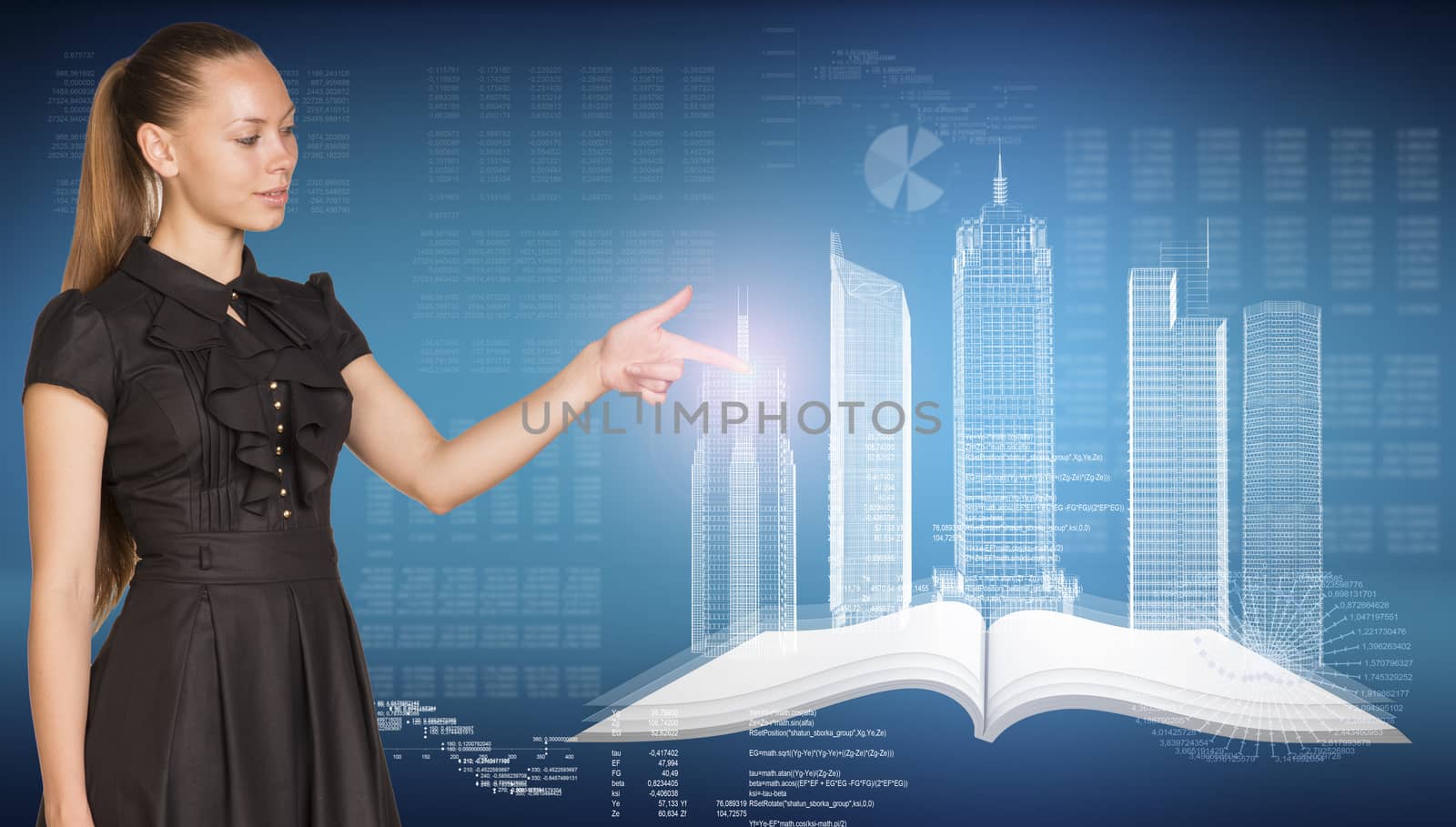 Beautiful businesswoman watching as her forefinger touches spatial layouts of buildings, generating shine in the point of contact.Open book below layouts, figures. letters and diagram as backdrop.