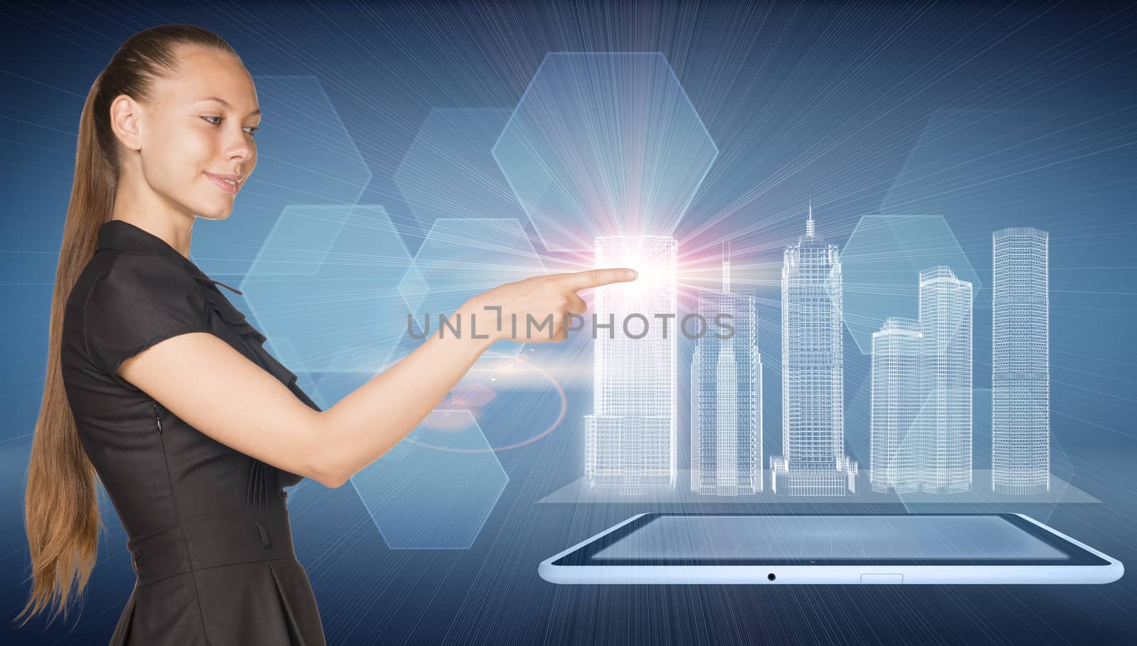 Beautiful businesswoman, tablet pc and spatial layouts of buildings, Hexagons as backdrop. by cherezoff