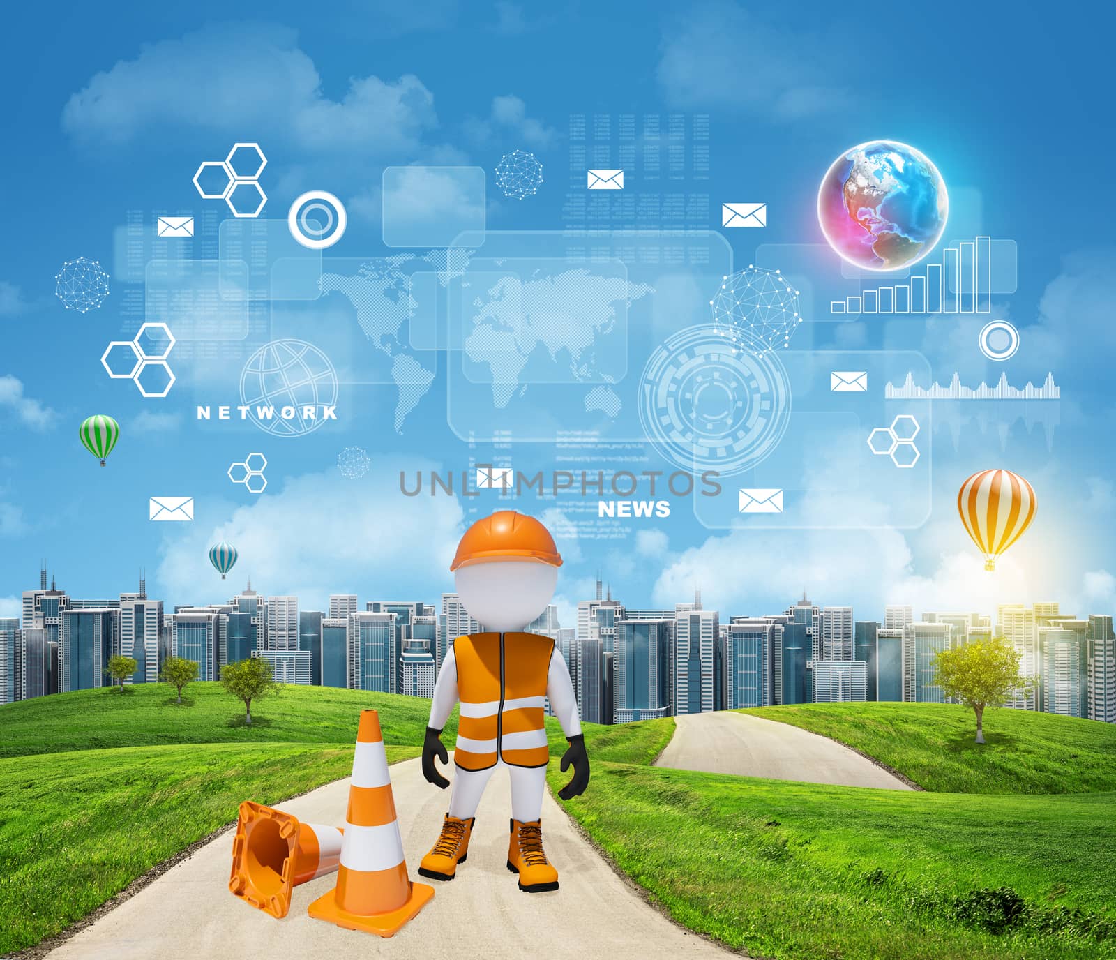 Three-dimensional worker standing on road running through green hills. City of tall buildings in background. Rectangles, diagrams and other virtual items in sky. Elements of this image furnished by NASA