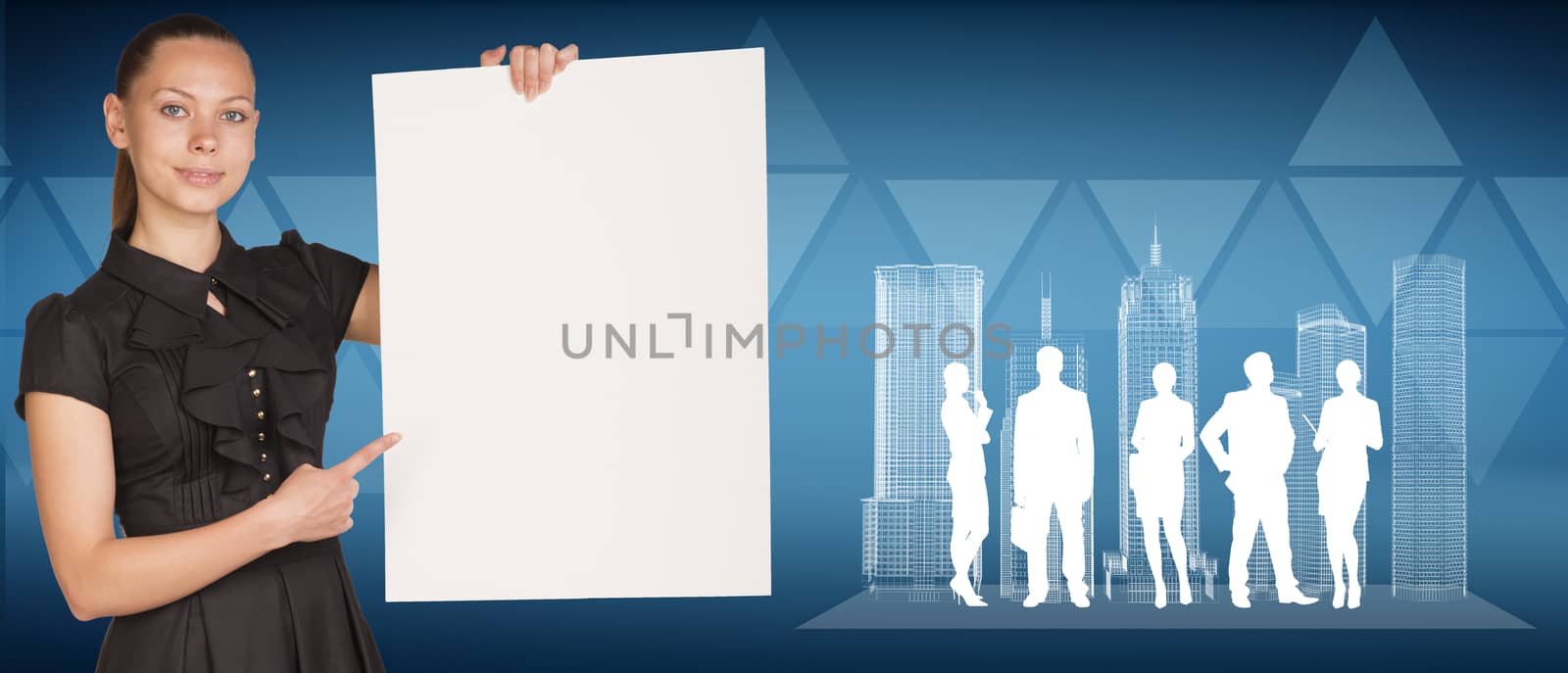 Beautiful businesswoman holding empty paper sheet, spatial layouts of buildings and silhouettes of people. Triangles as backdrop