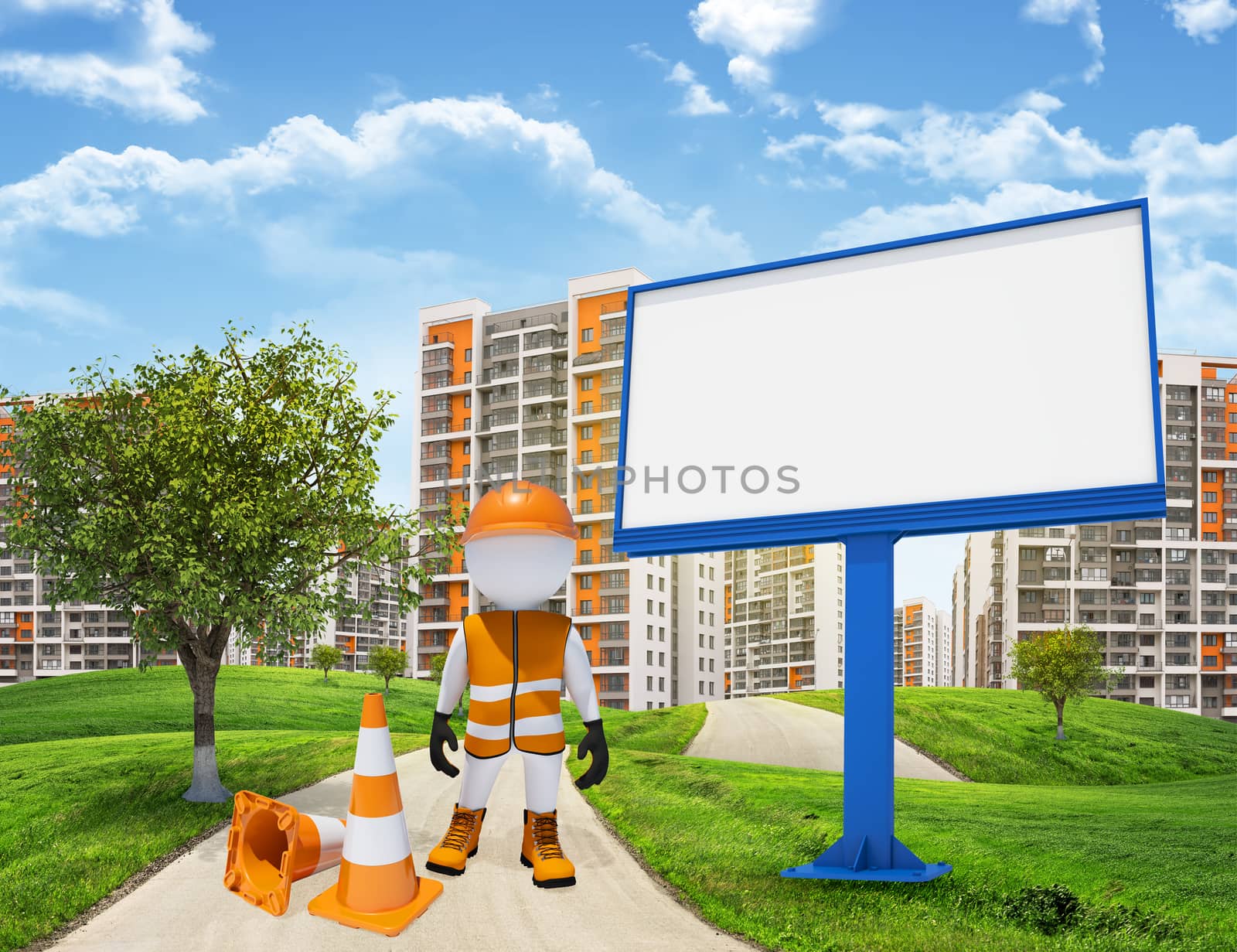 Three-dimensional man dressed as a road worker standing on road running through green hills. Green tree and billbord beside. Tall buildings in background