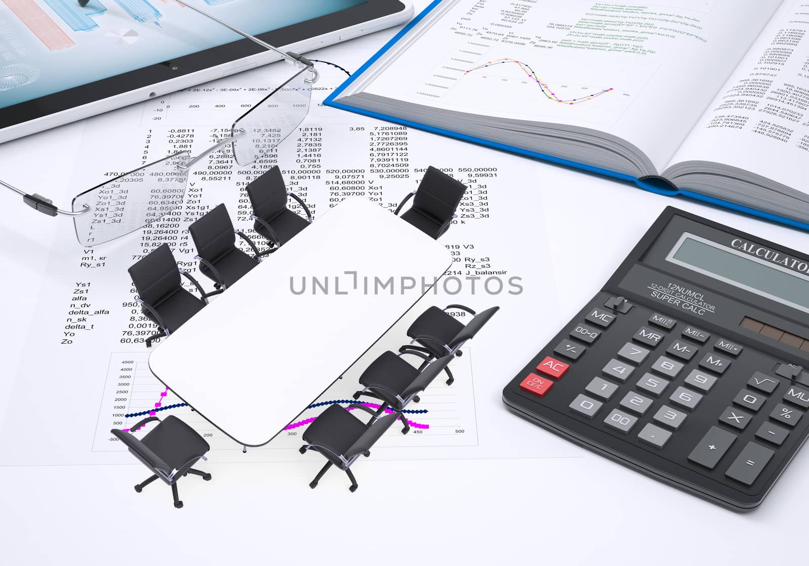 table, tablet pc, book, calculator, glasses, paper with columns of figures by cherezoff