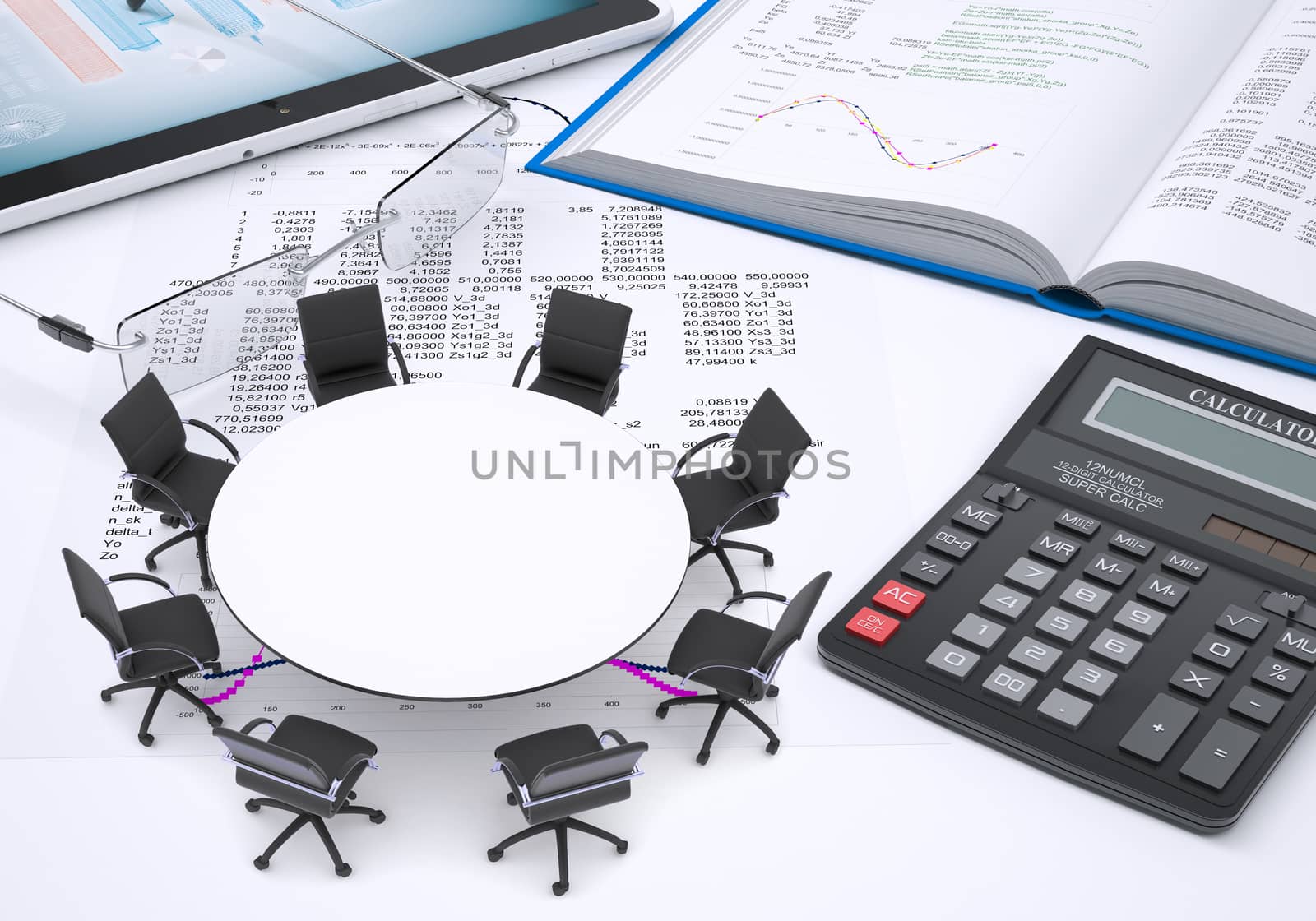 Miniature round table with chairs, tablet pc, book, calculator and glasses, all on paper with columns of figures. Business concept