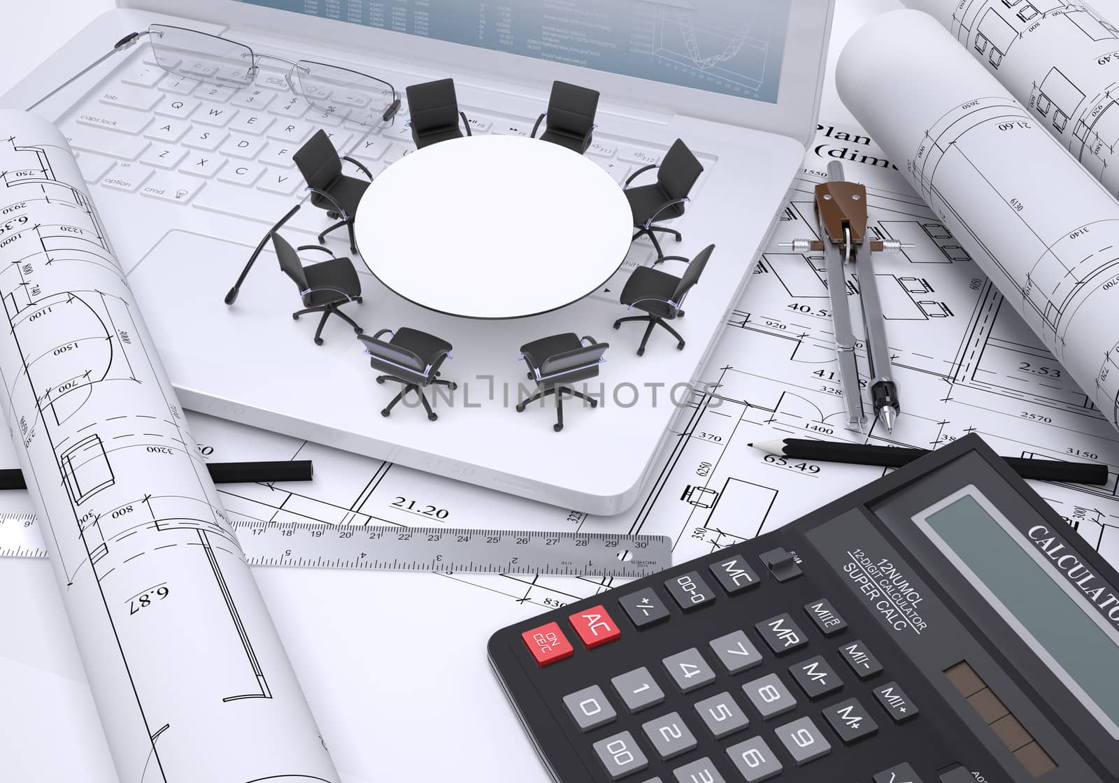 Miniature round table with chairs placed on laptop, calculator and few other tools by cherezoff