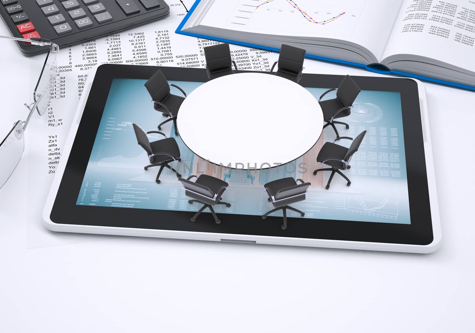 Miniature round table with chairs placed on tablet pc, book, calculator and glasses, all on paper with columns of figures. Business concept.