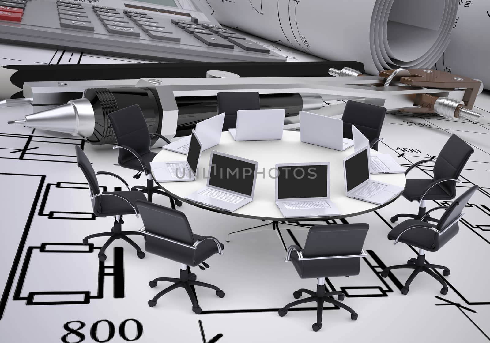 Miniature round table with laptops on it and chairs around, drawing compasses, placed on spread technical drawing. Construction business concept