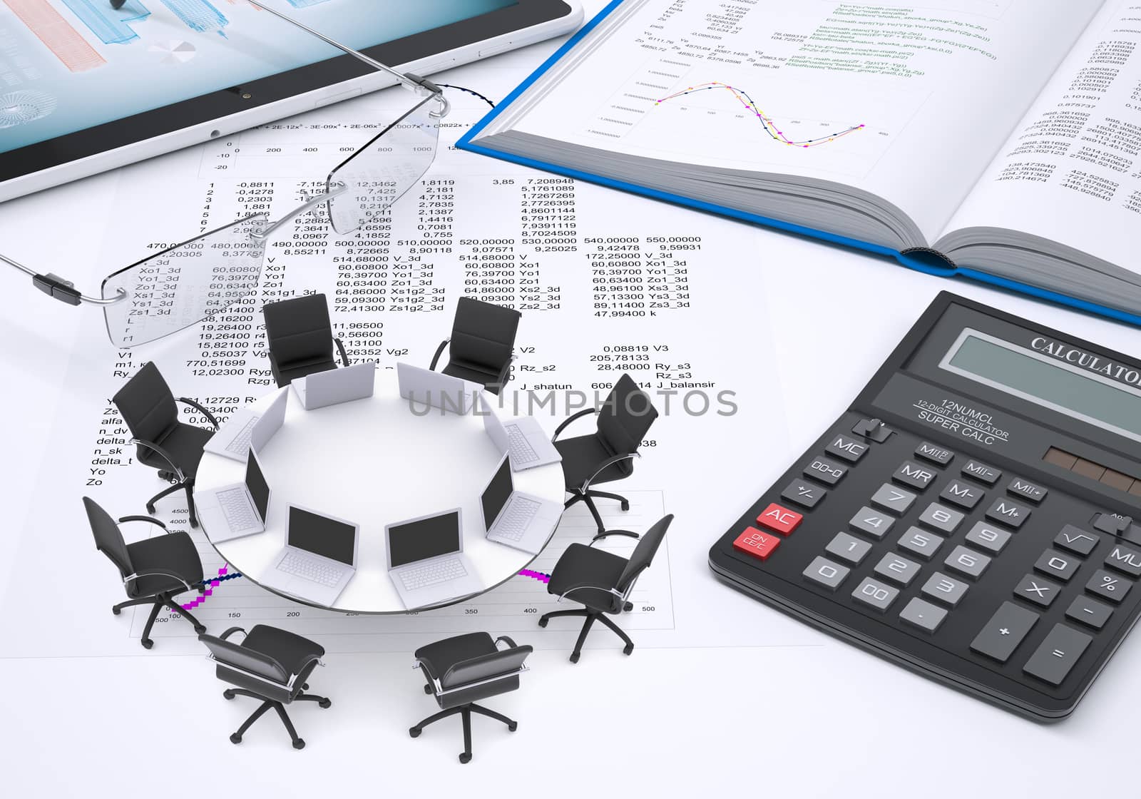 Miniature round table with chairs placed on tablet pc, book, calculator and glasses, all on paper with columns of figures. Business concept.