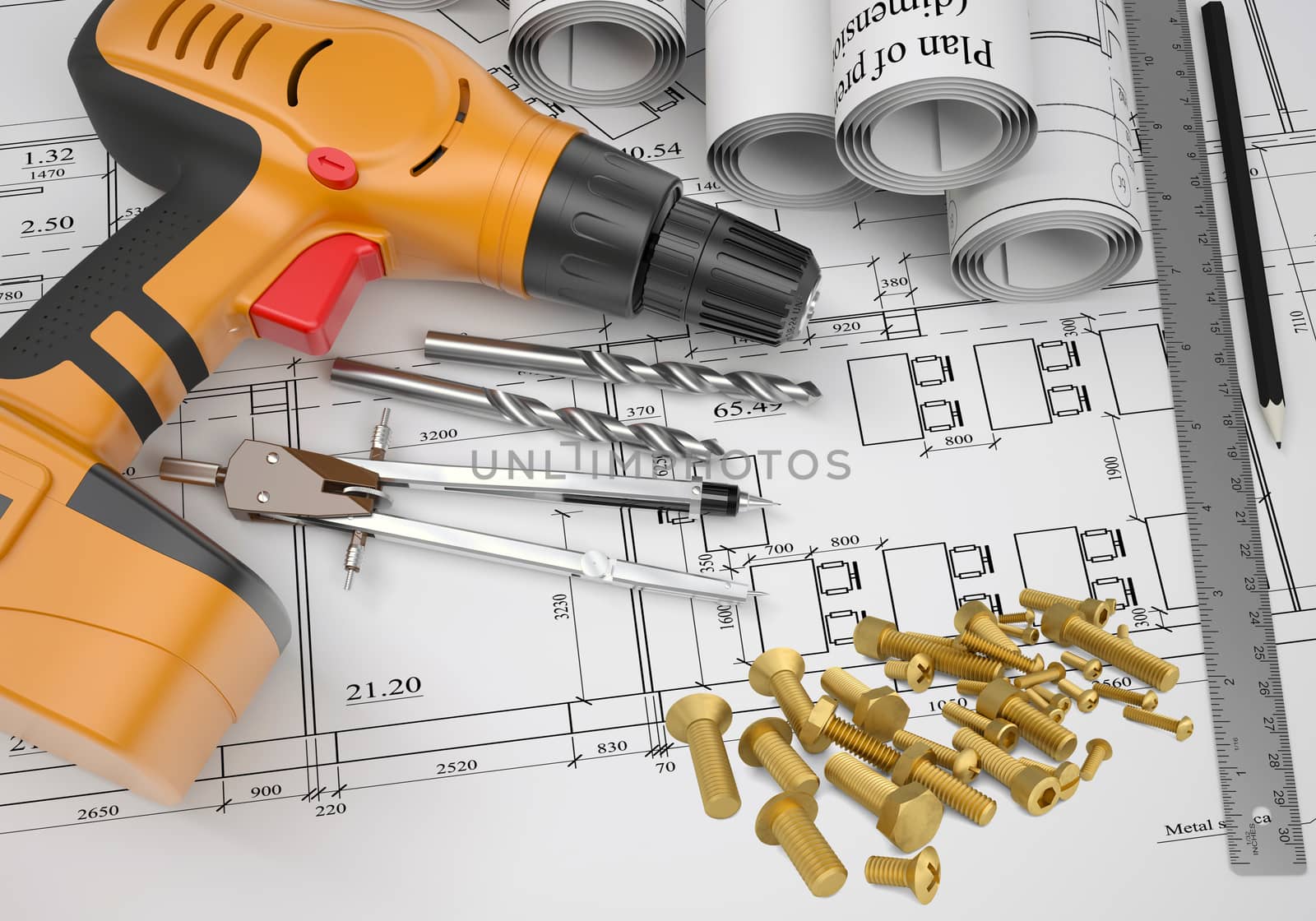 Electric screwdriver, fastening hardware, borers, some draftsman's instruments, scrolled drafts, architectural drawing by cherezoff