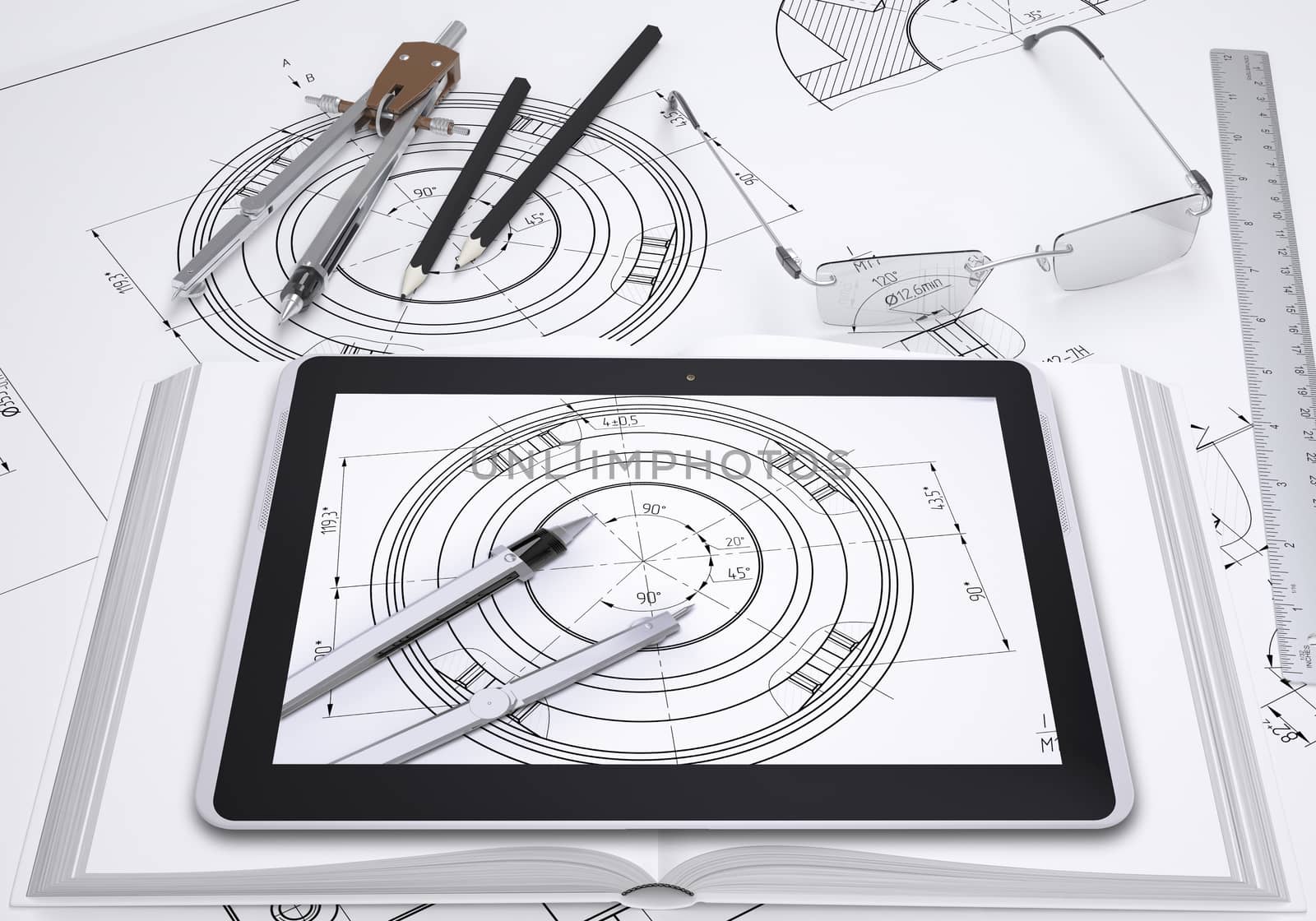 Tablet pc, drawing compasses, pencil, glasses and ruler placed on spead technical drawing. Screen of pc shows part of same drawing.