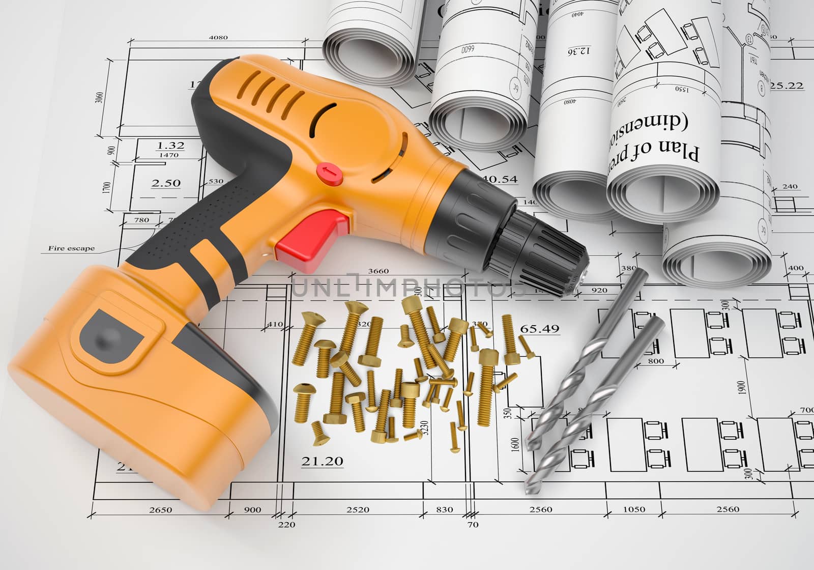 Electric screwdriver, fastening hardware, borers and scrolled drafts on spread architectural drawing.  Construction business concept.
