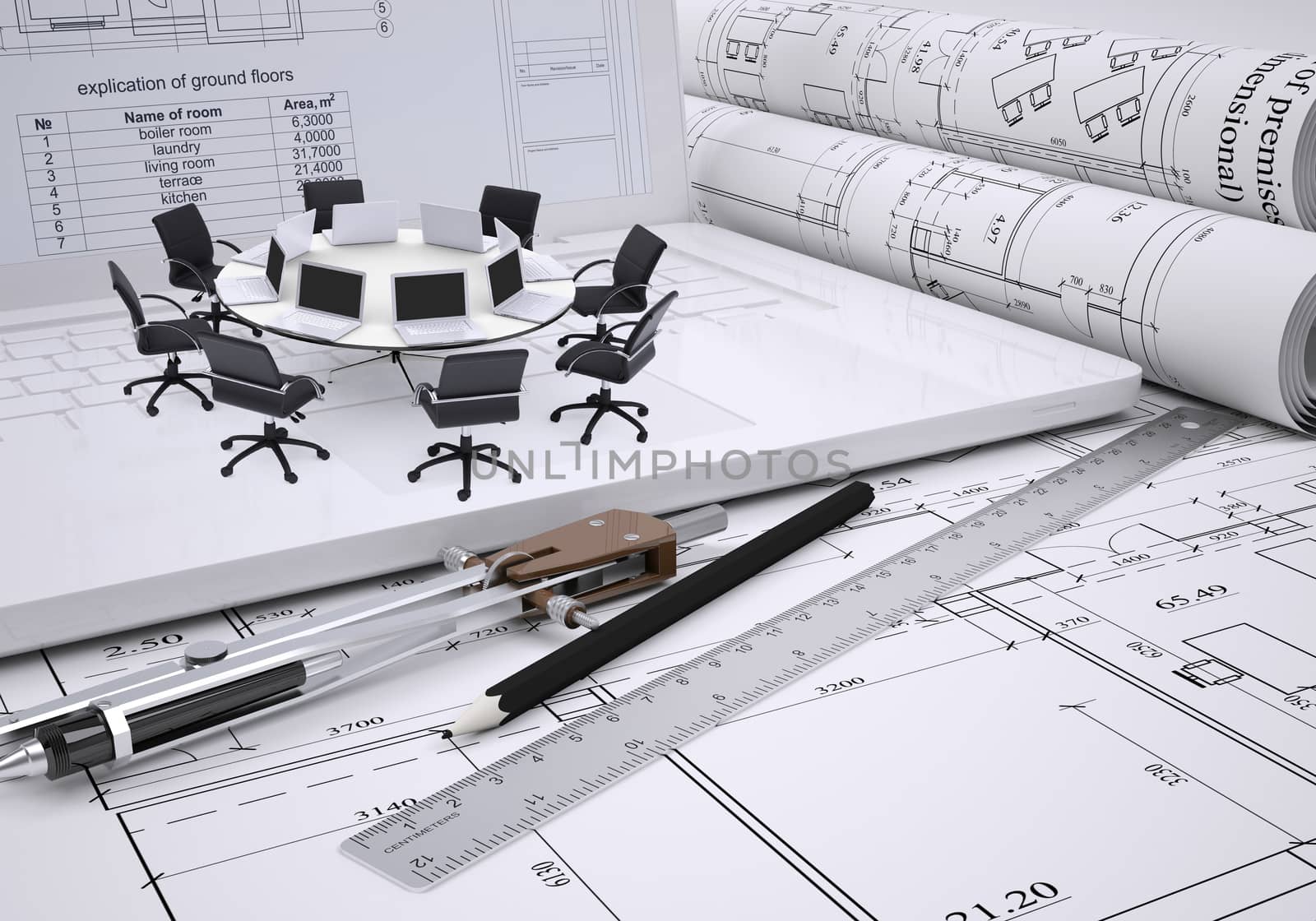 Miniature round table with laptops on it and chairs around, drawing compasses, placed on spread architectural drawing. Construction business concept