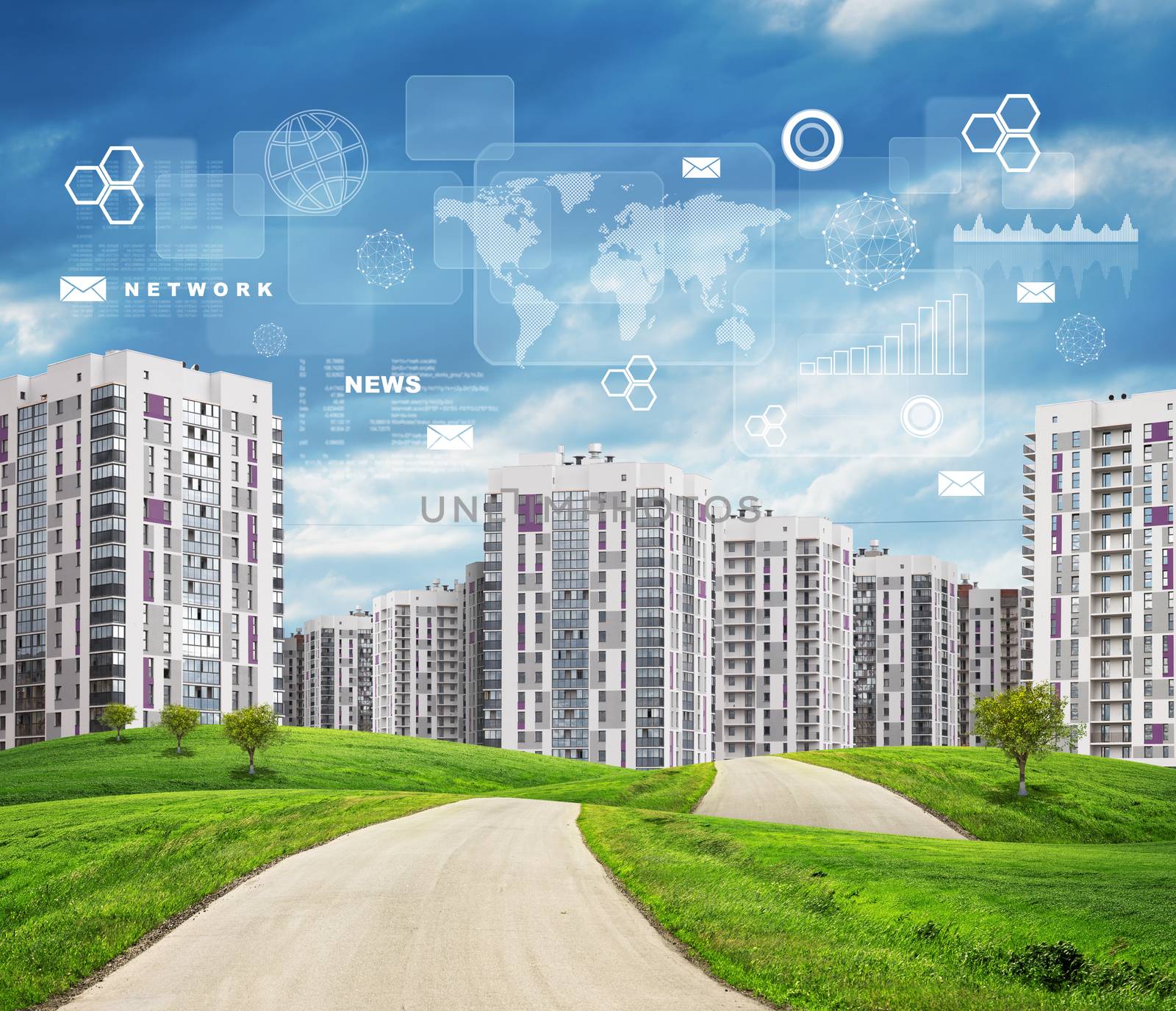 Road running through green hills with some trees on them towards high-rise buildings. Rectangles, diagrams and other virtual items in sky.