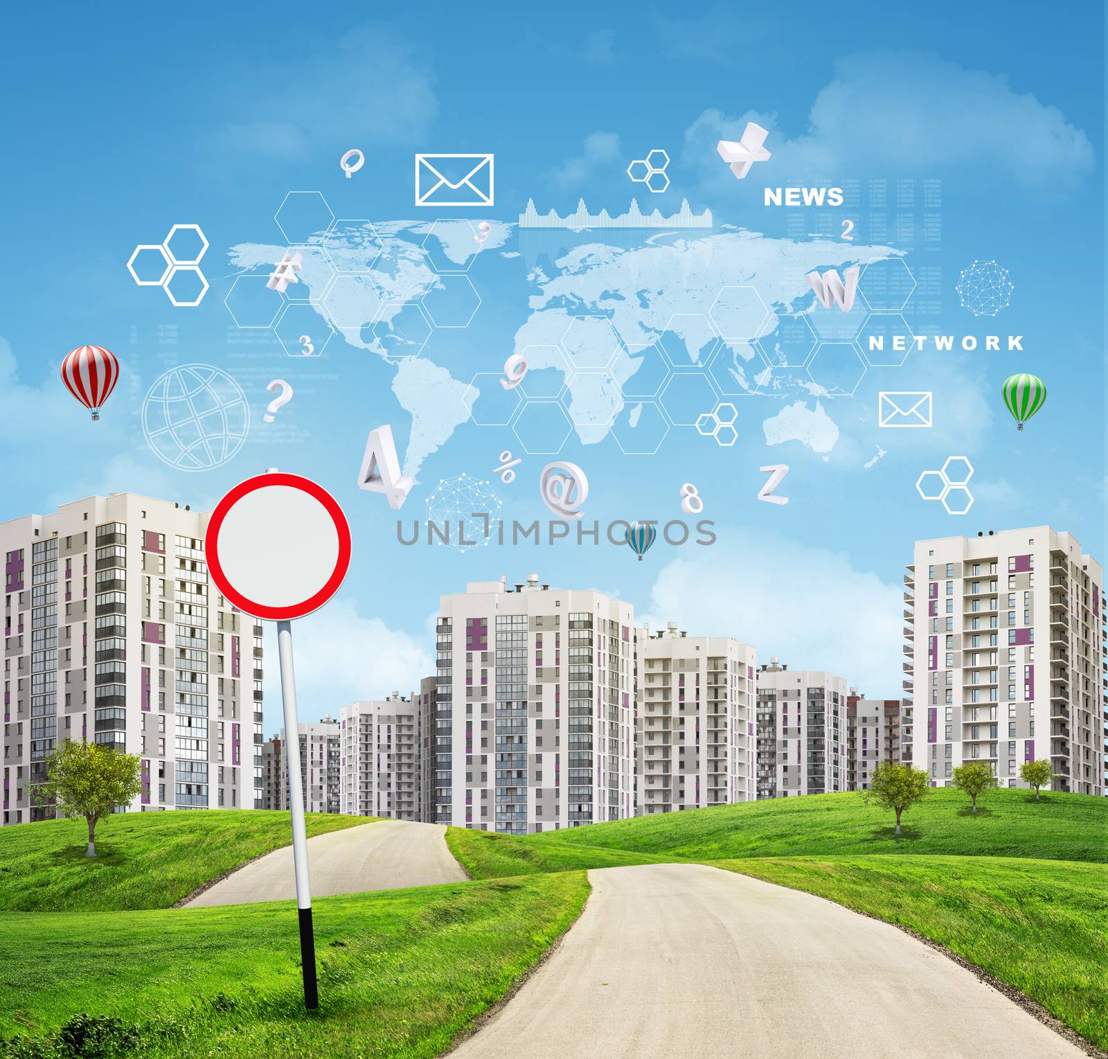 Road running through green hills with some trees on them high-rise buildings with a couple of air balloons above as backdrop. Traffic sign on foreground. Charts, diagrams and other virtual items in sky