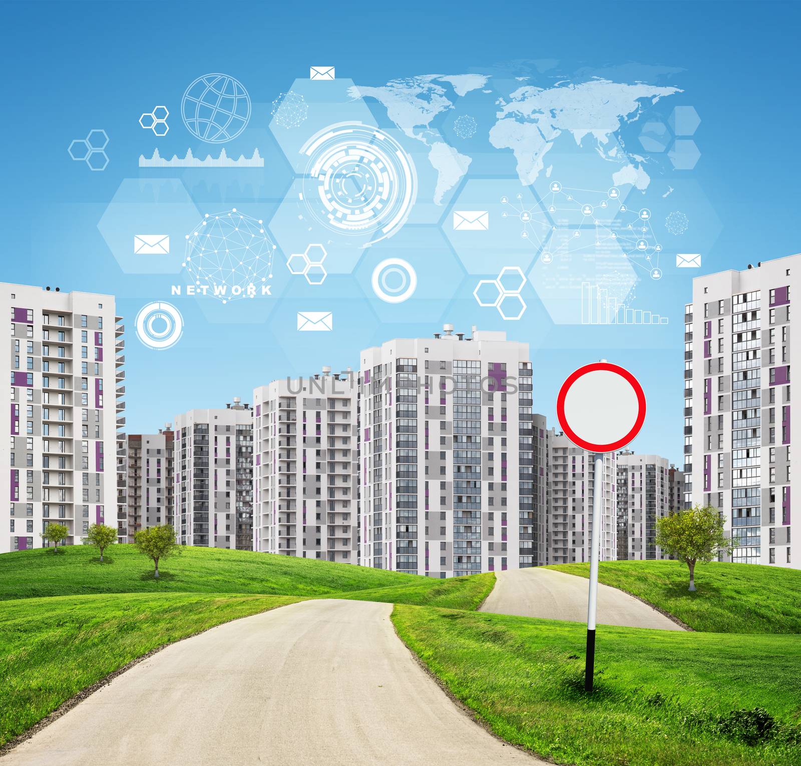 Road running through green hills with some trees. High-rise buildings as backdrop. Traffic sign on the fore. Charts, hexagons and other virtual items in sky