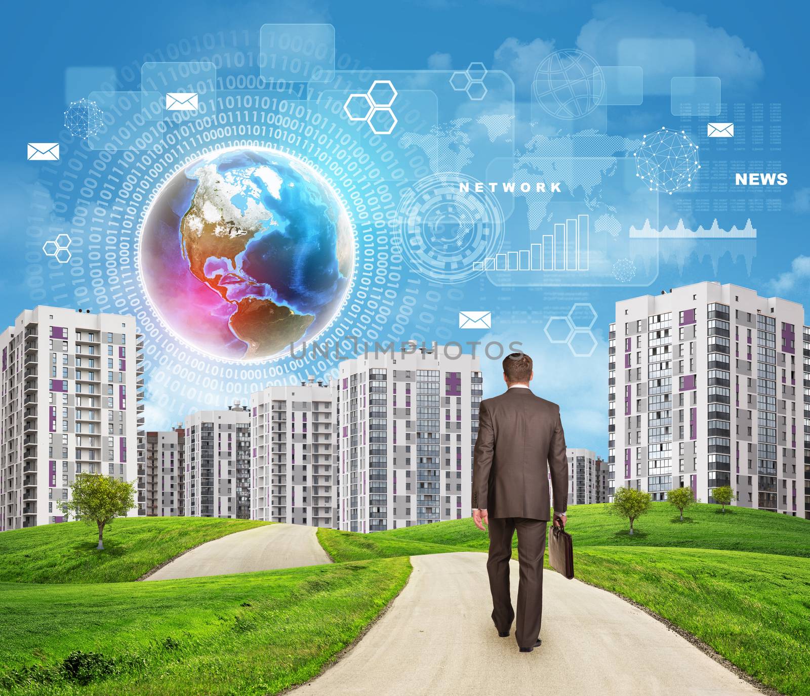 Businessman walking along road through green hills. High-rise buildings as backdrop. Brightly coloured planet, charts and other virtual items in sky. Elements of this image furnished by NASA