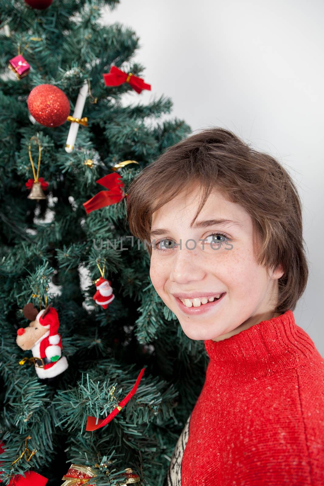 Boy standing beside the christmas tree by ifilms